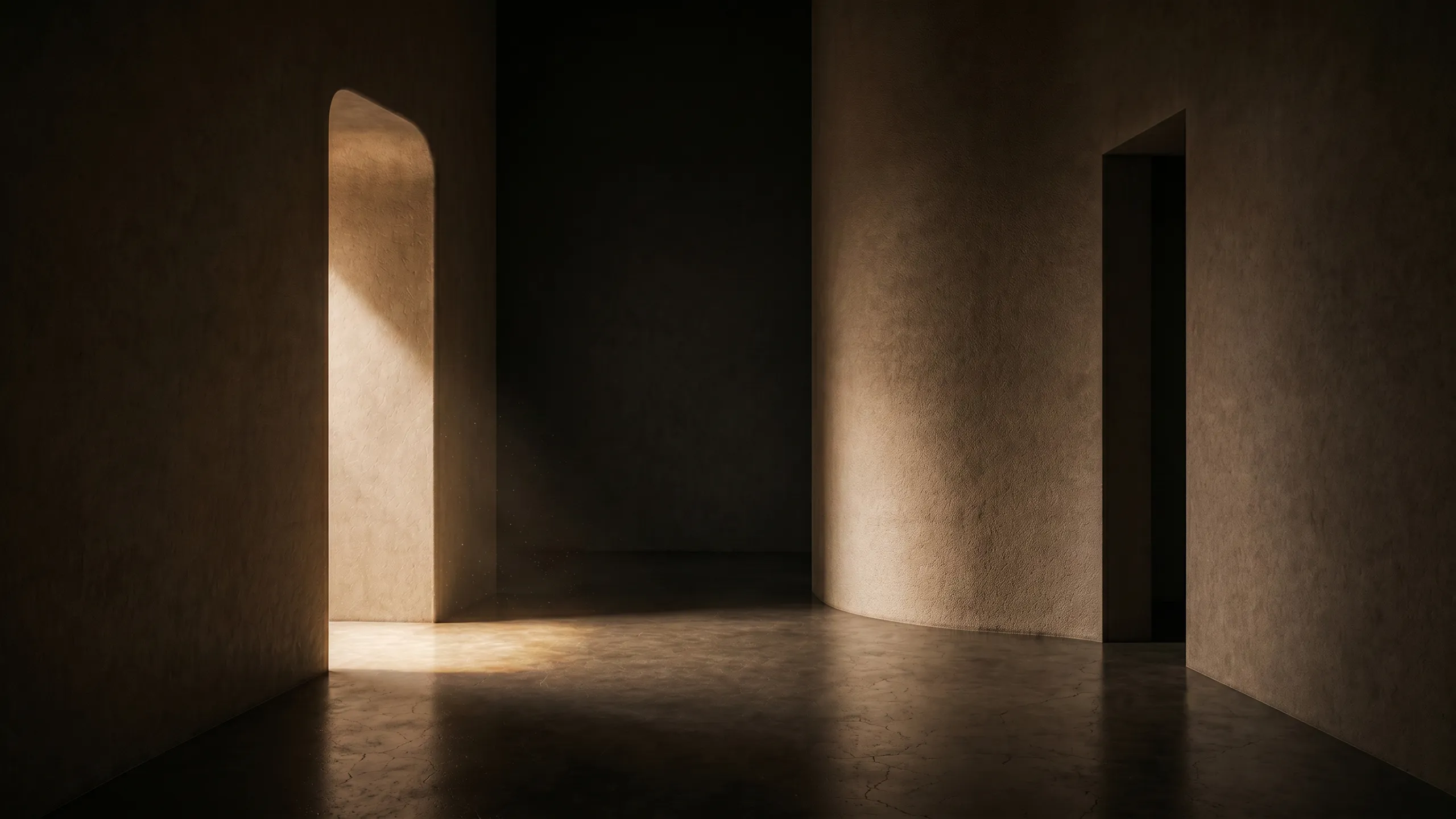 Dark architectural interior with textured curved walls and warm light shaping a quiet spatial atmosphere.