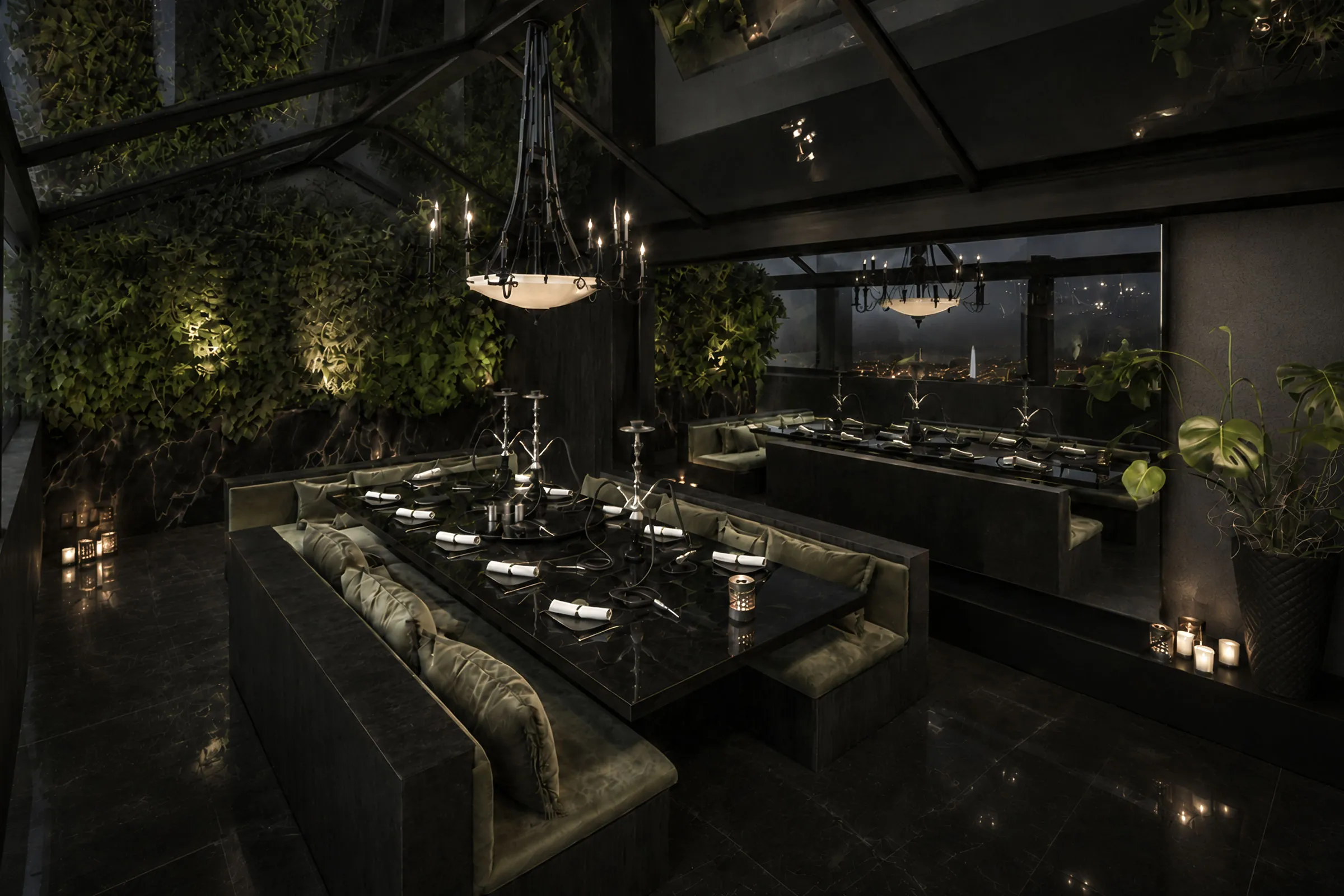 Dark Ayneh restaurant interior with mirrored surfaces, glass walls, dense planting, black dining tables and warm pendant lighting.