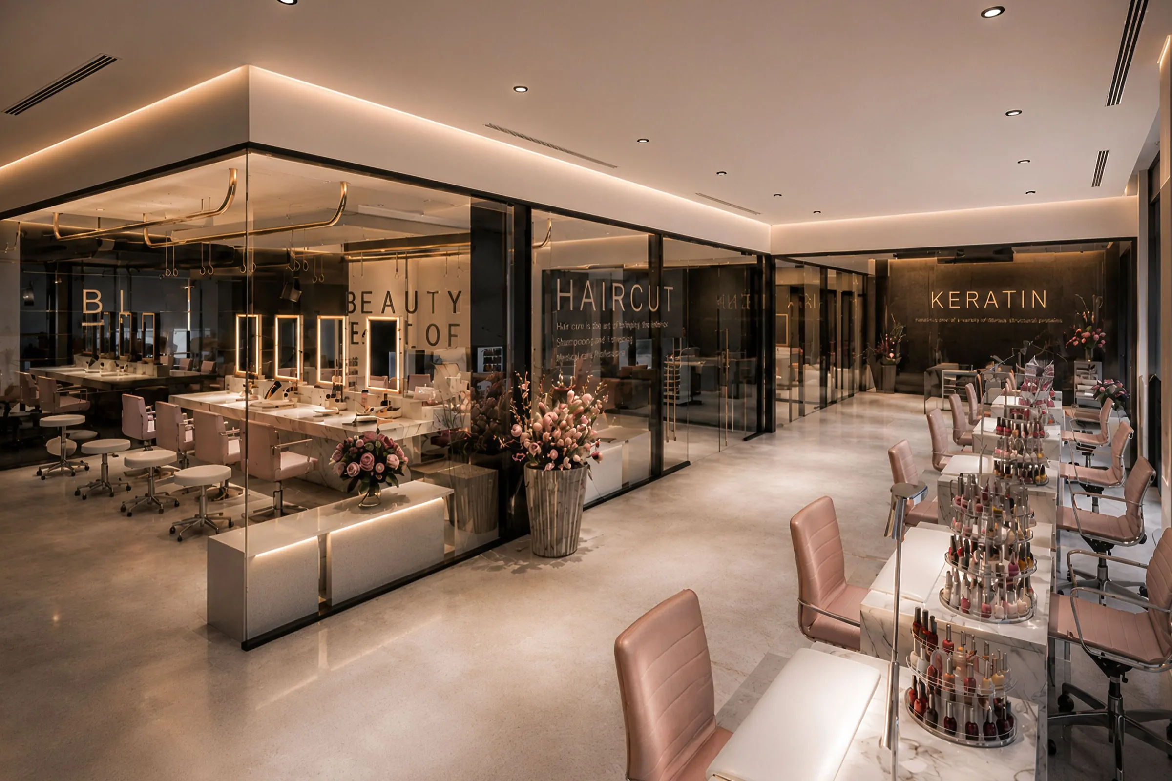 Modern BEA beauty salon in U Complex with open service stations, black detailing, pale finishes and rose-gold accents.