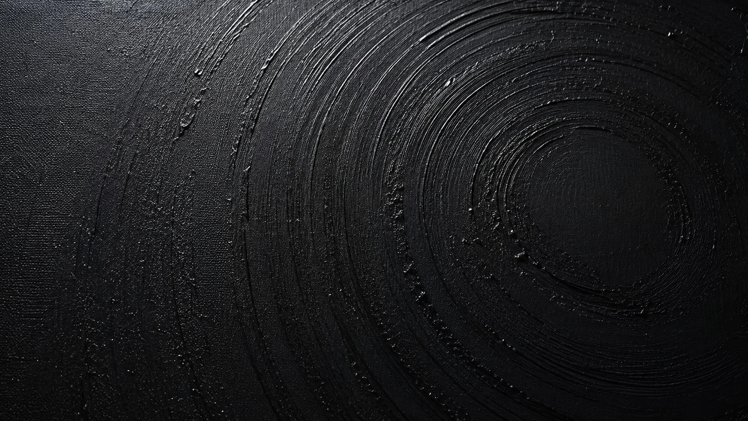 A close view of a black painted surface with circular brush marks and subtle highlights revealing texture and material depth.