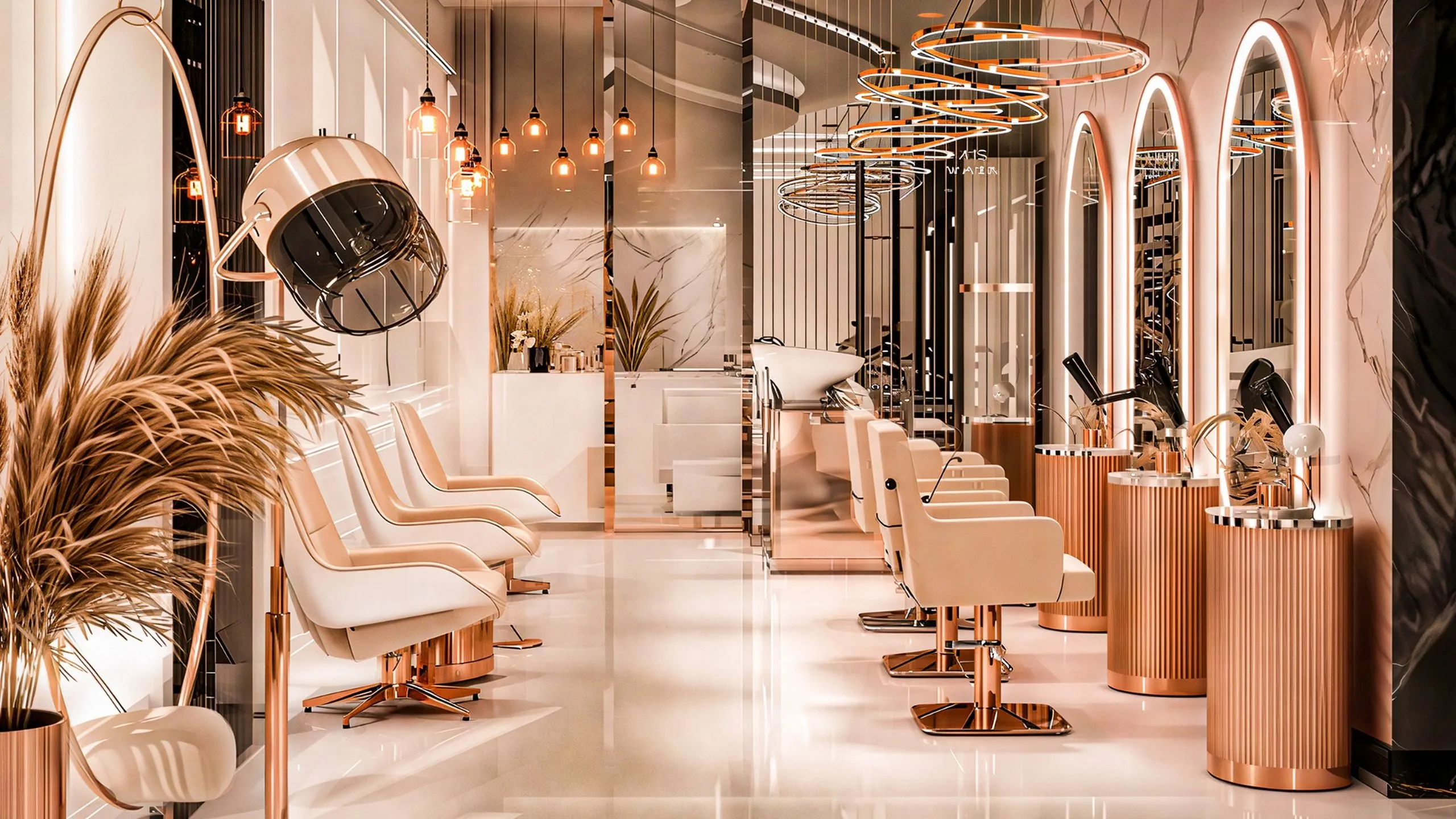 Hair styling stations with illuminated mirrors, rose gold details, and white salon chairs in Boujie Beauty Lounge Abu Dhabi.