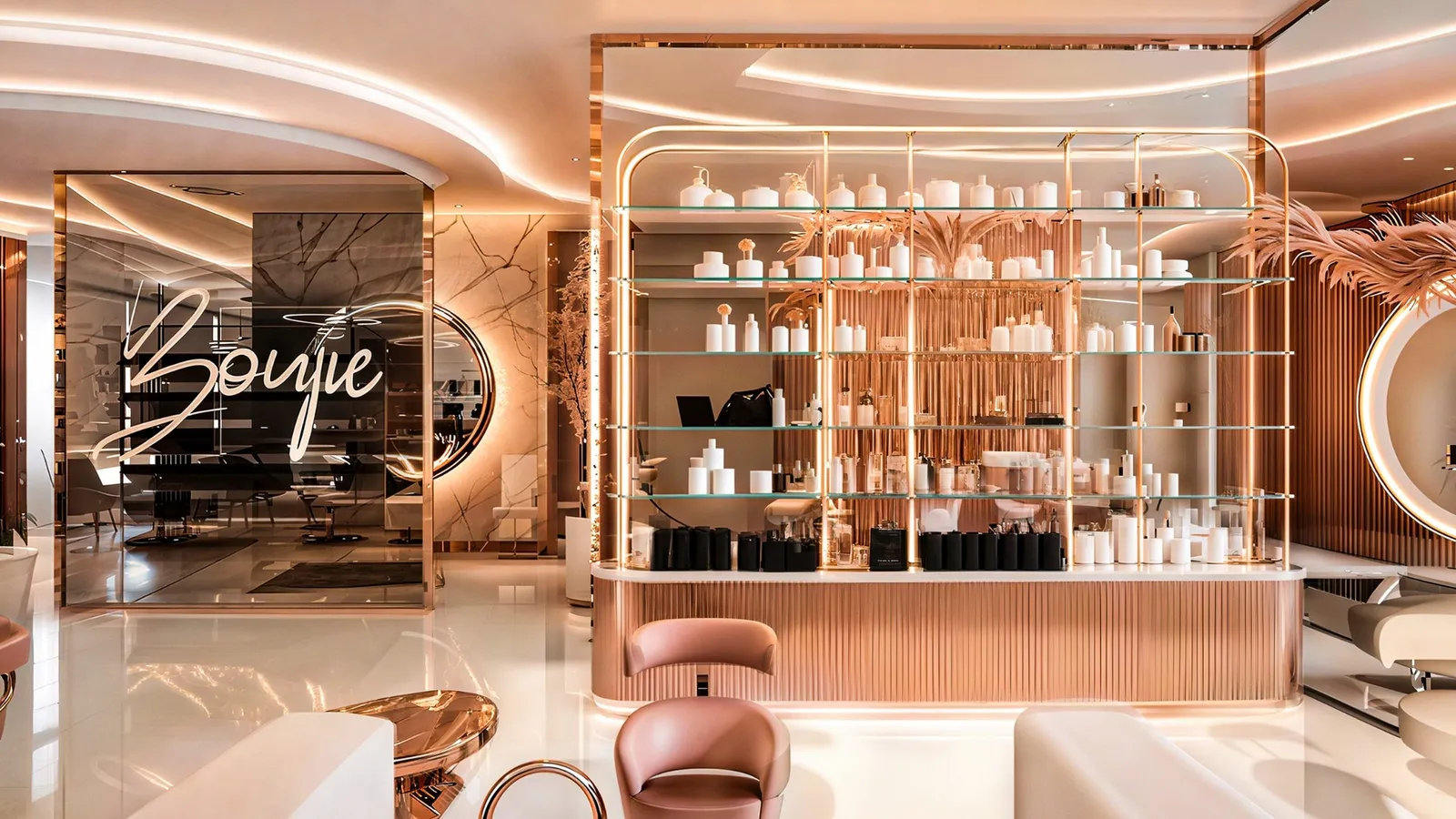 Luxury beauty salon reception and retail display area with rose gold accents and warm lighting in Boujie Beauty Lounge Abu Dhabi by Nariman Fatemi.