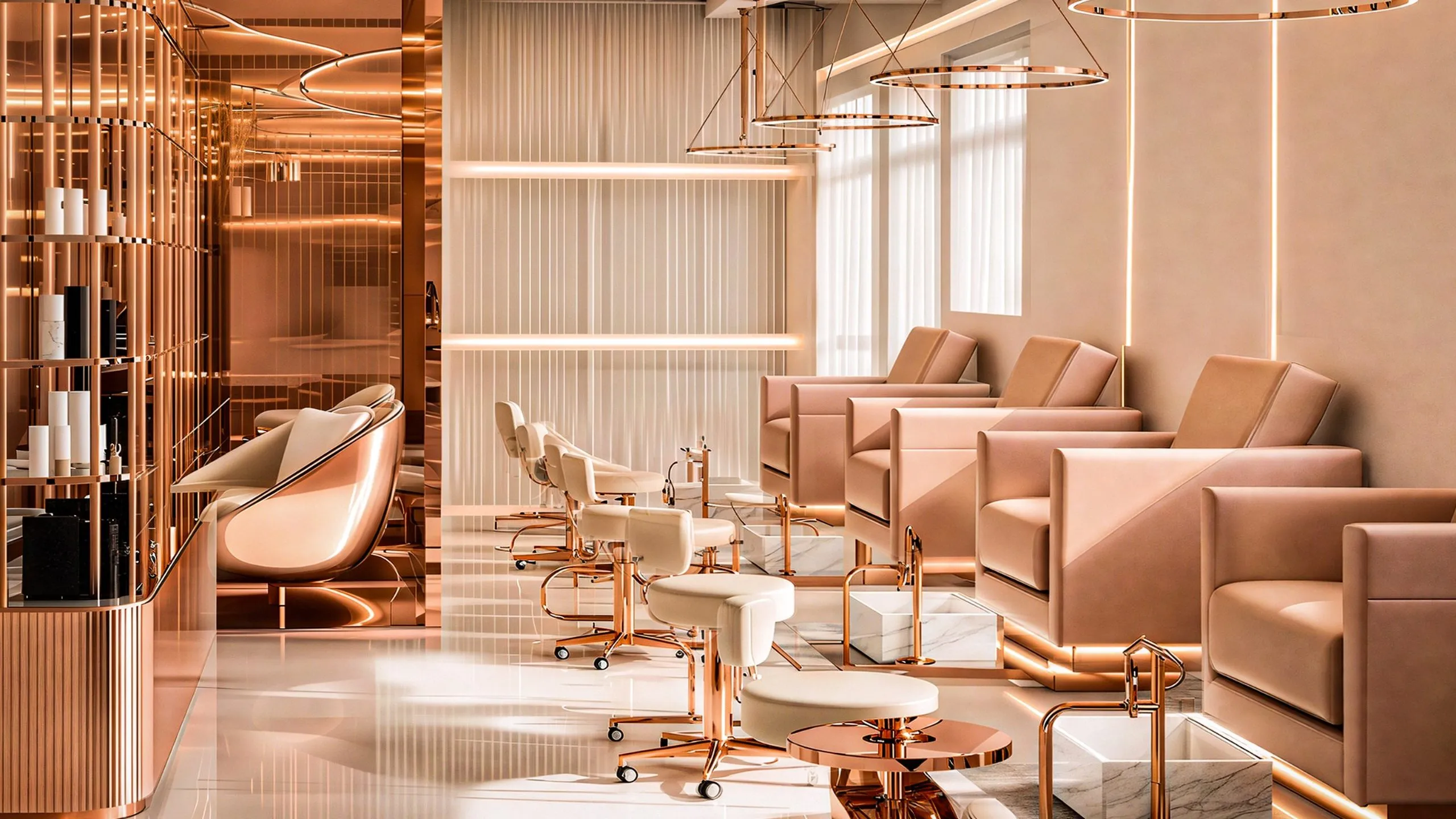 Pedicure lounge with rose-gold interior detailing at Boujie Beauty Lounge, Abu Dhabi, by Nariman Fatemi.