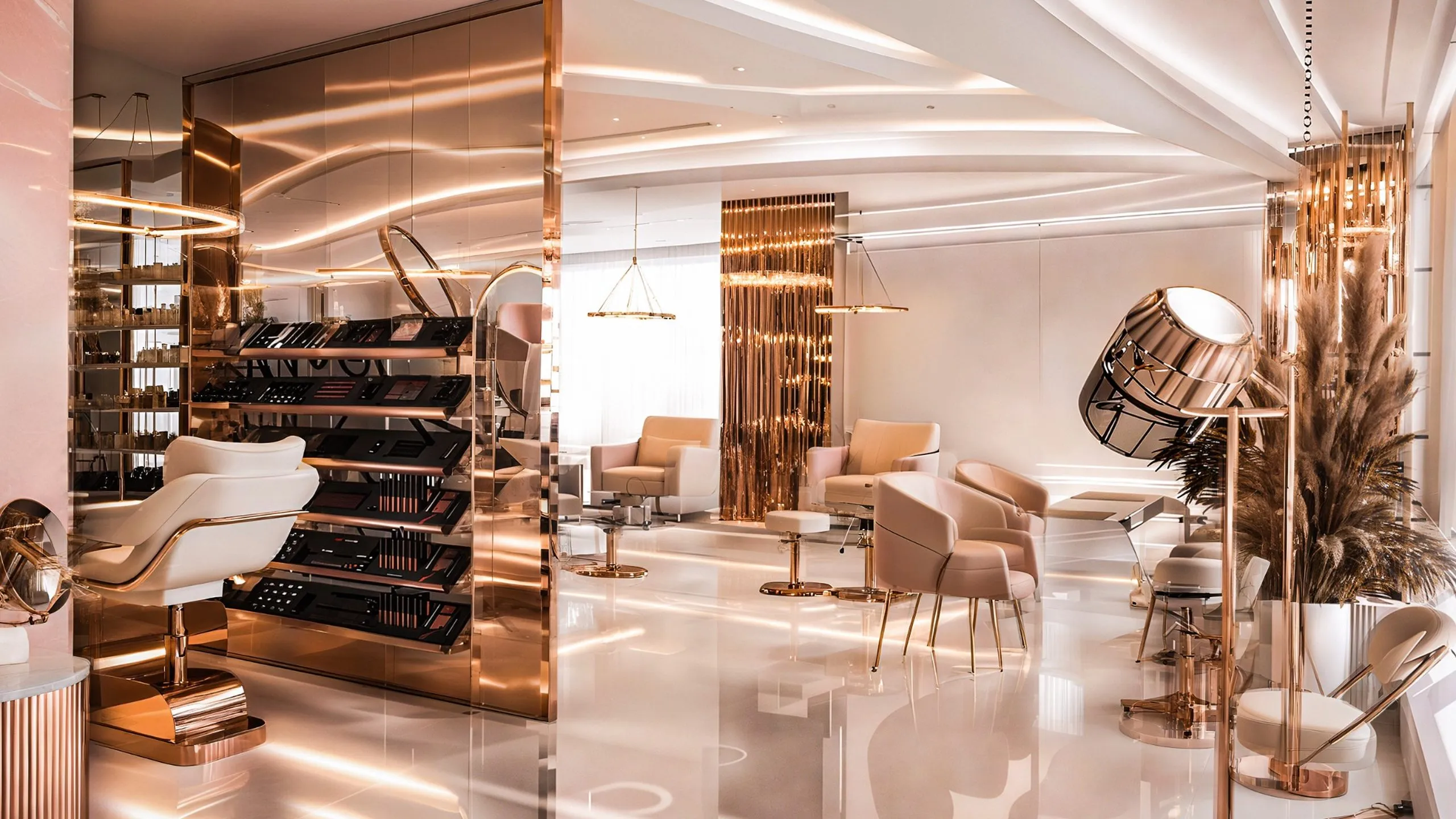 Rose gold luxury salon interior with styling chairs, product display, mirrors, and warm lighting in Abu Dhabi beauty lounge design.