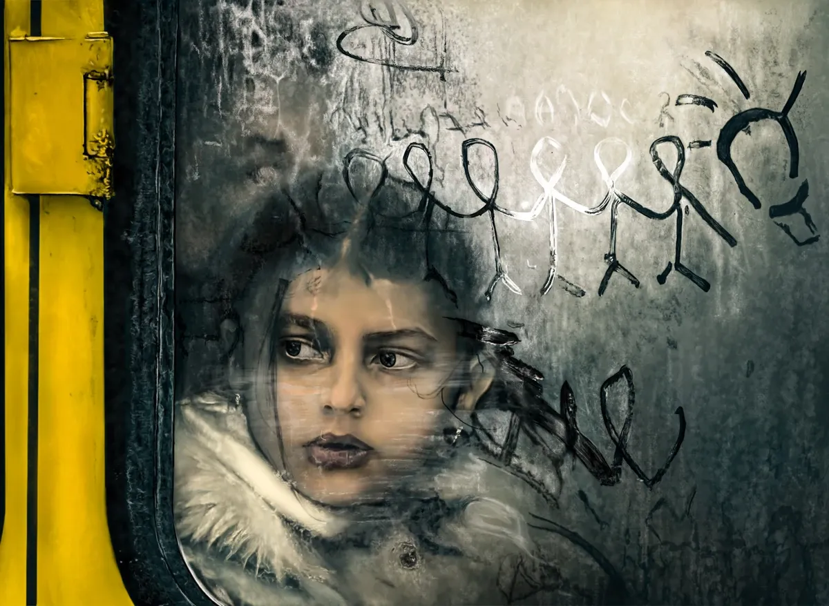 Child behind a fogged bus window in Child on a Bus by Nariman Fatemi.