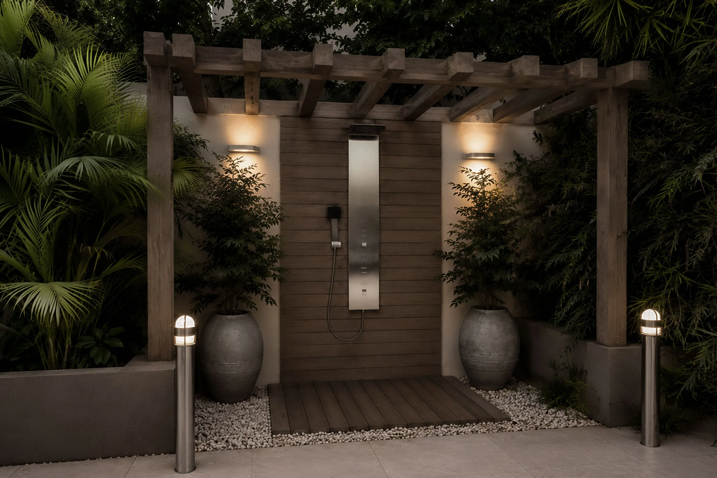 Landscaped courtyard entrance of a Jumeirah Islands villa with a timber pergola, dark paving, integrated lighting and tropical planting.