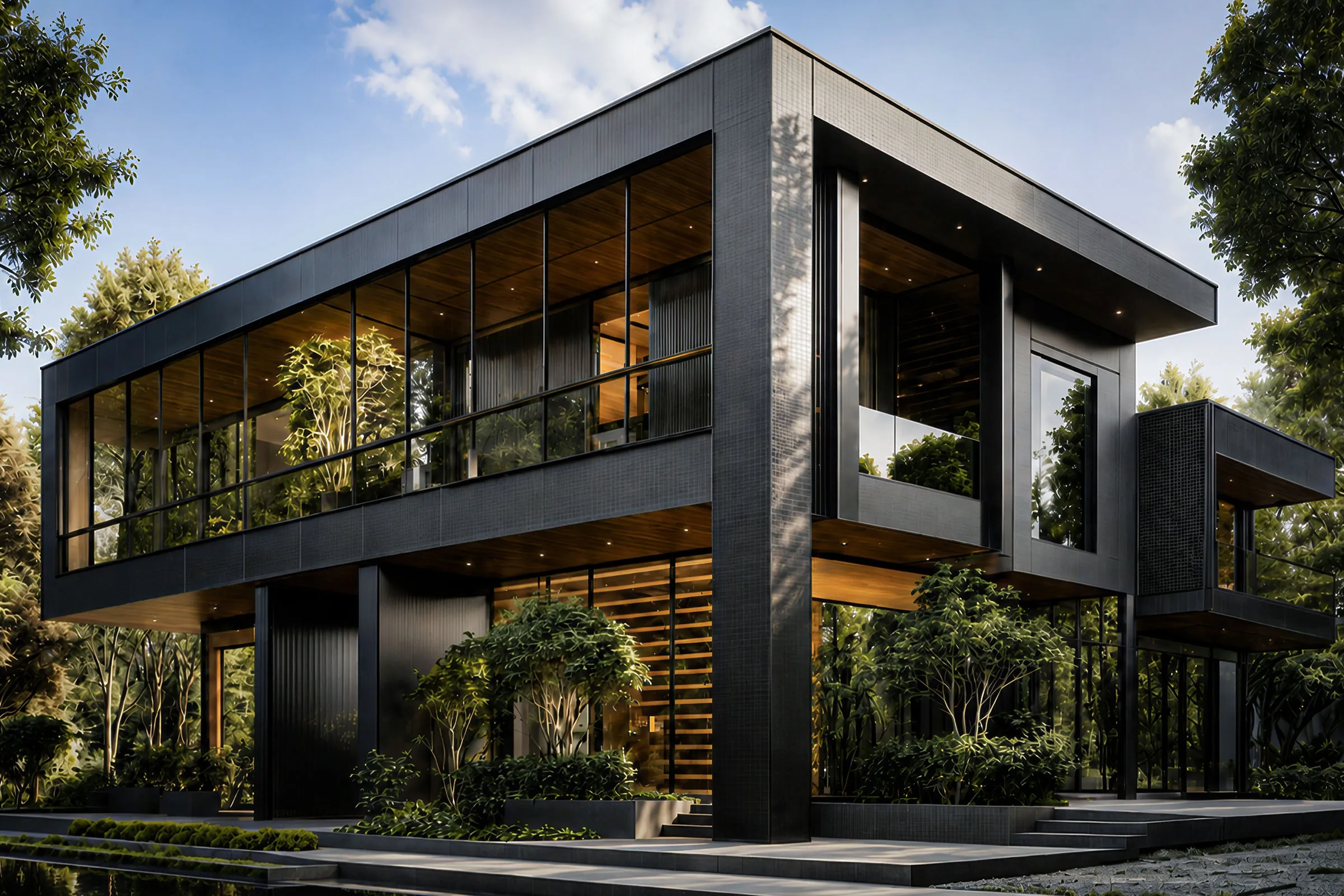 Dark contemporary Damavand villa with large glass façades, warm timber details and mature trees integrated around the building.