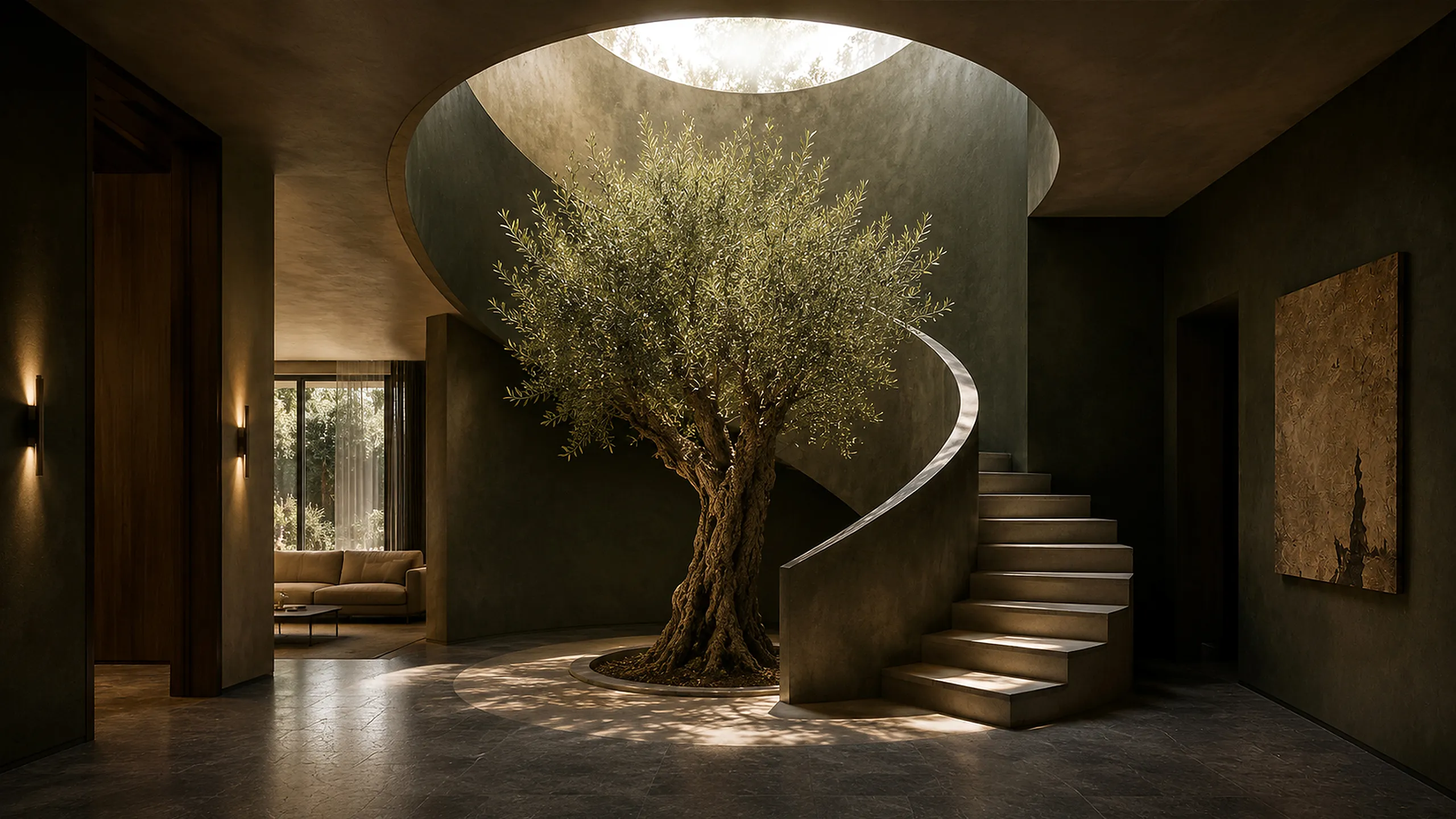 Warm dark luxury interior centered on a mature olive tree beneath a circular skylight, with a curved staircase and carefully controlled natural light.