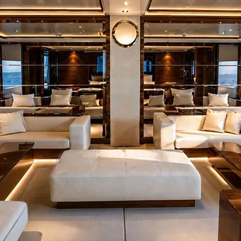 Main salon with sea view aboard the Dubai Queen Yacht interior, by Nariman Fatemi.