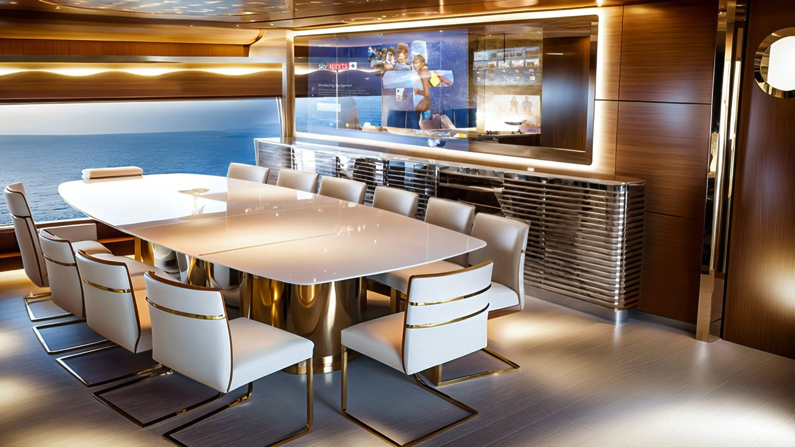 Luxury yacht dining lounge with white chairs, gold details, polished wood, integrated lighting, and sea view in Dubai Queen.