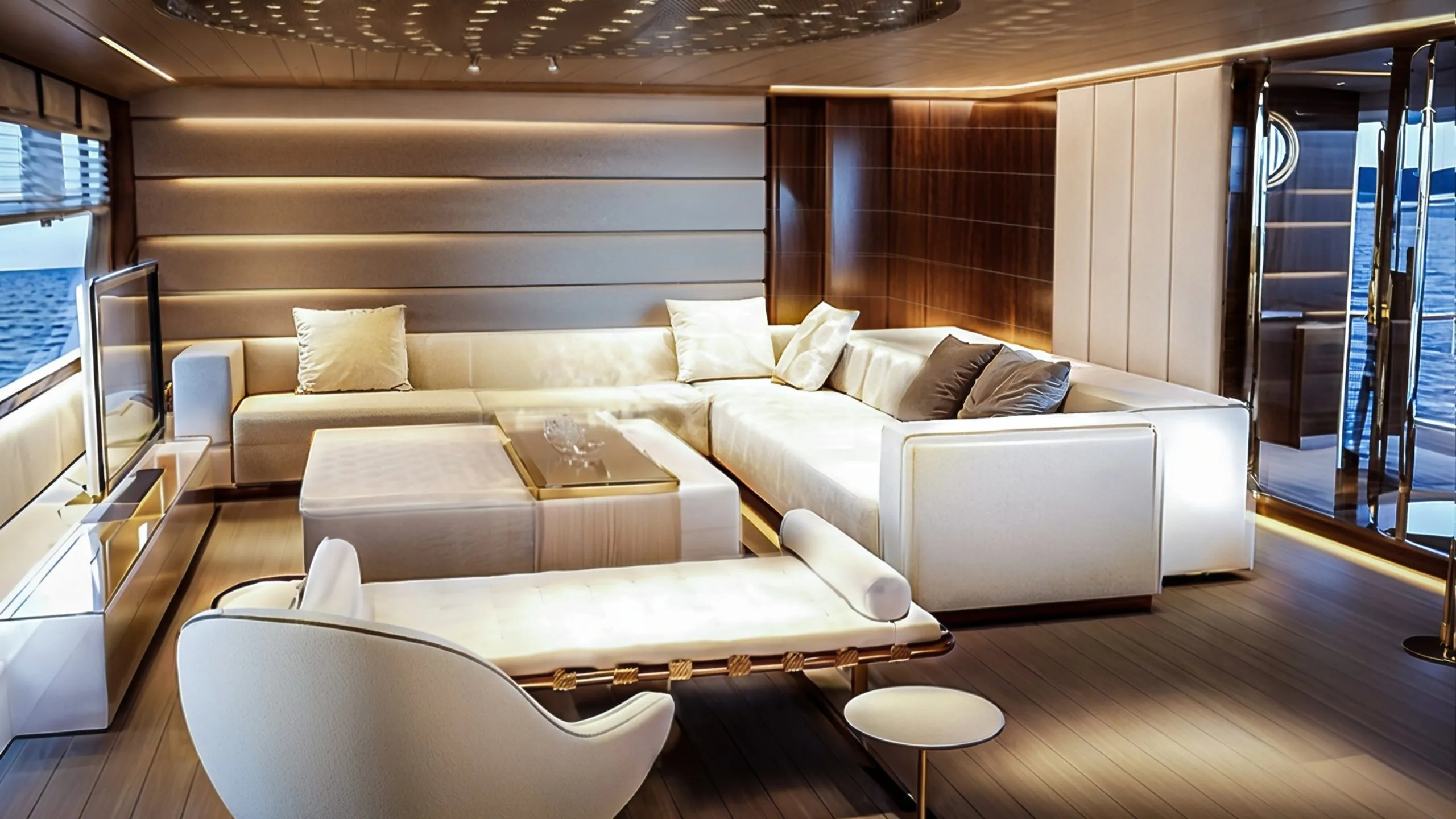 Interior yacht lounge with cream sofa, warm wood panels, integrated lighting, and sea view in Dubai Queen by Nariman Fatemi.