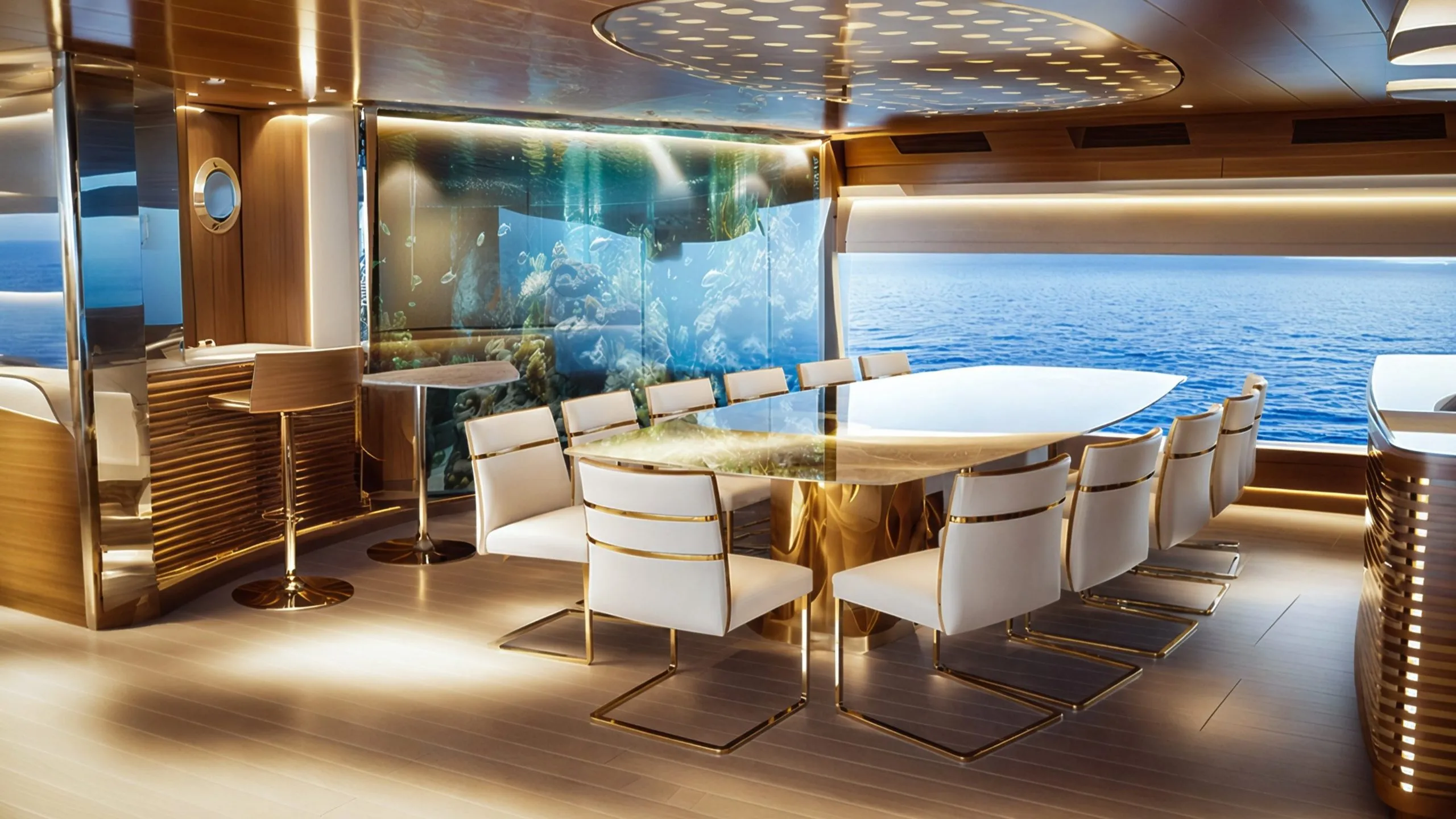 Luxury yacht dining area with aquarium feature, sea view, white chairs, gold details, and warm wood interior in Dubai Queen.