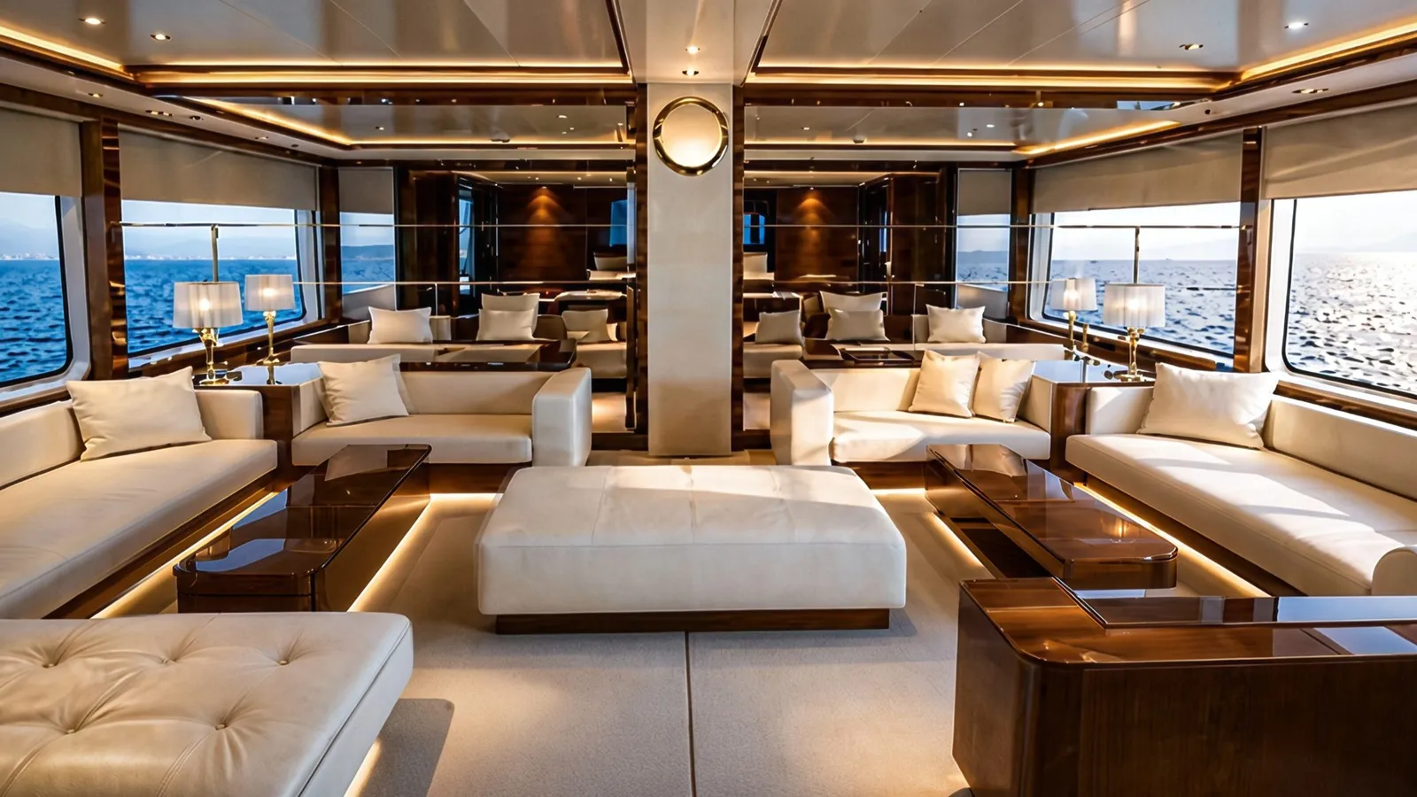 Luxury yacht main salon with cream sofas, polished wood, warm lighting, and sea views in Dubai Queen yacht interior design by Nariman Fatemi.