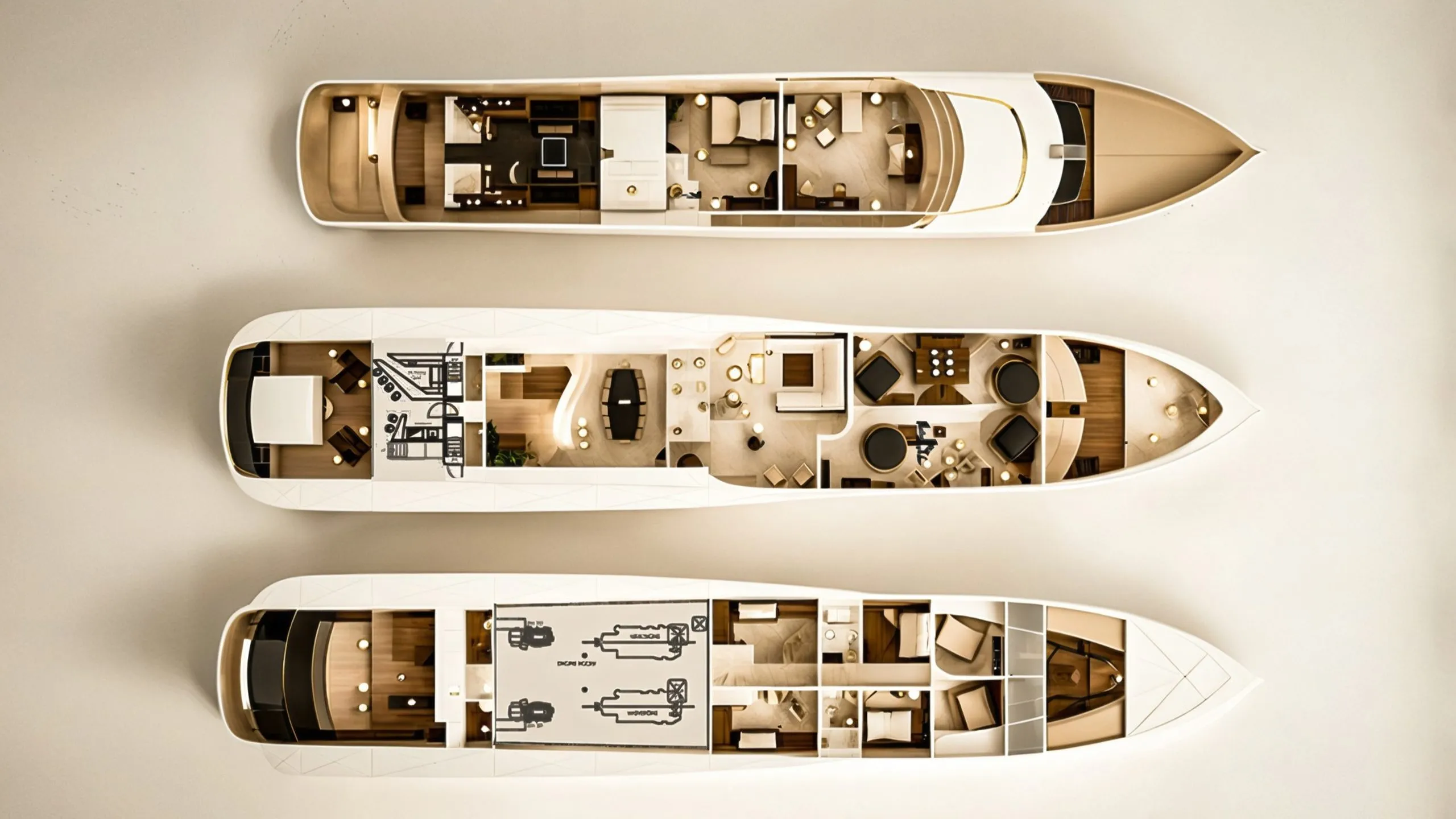 Top-view deck plan and interior layout of Dubai Queen, a 48-meter luxury yacht interior design project in Dubai by Nariman Fatemi.