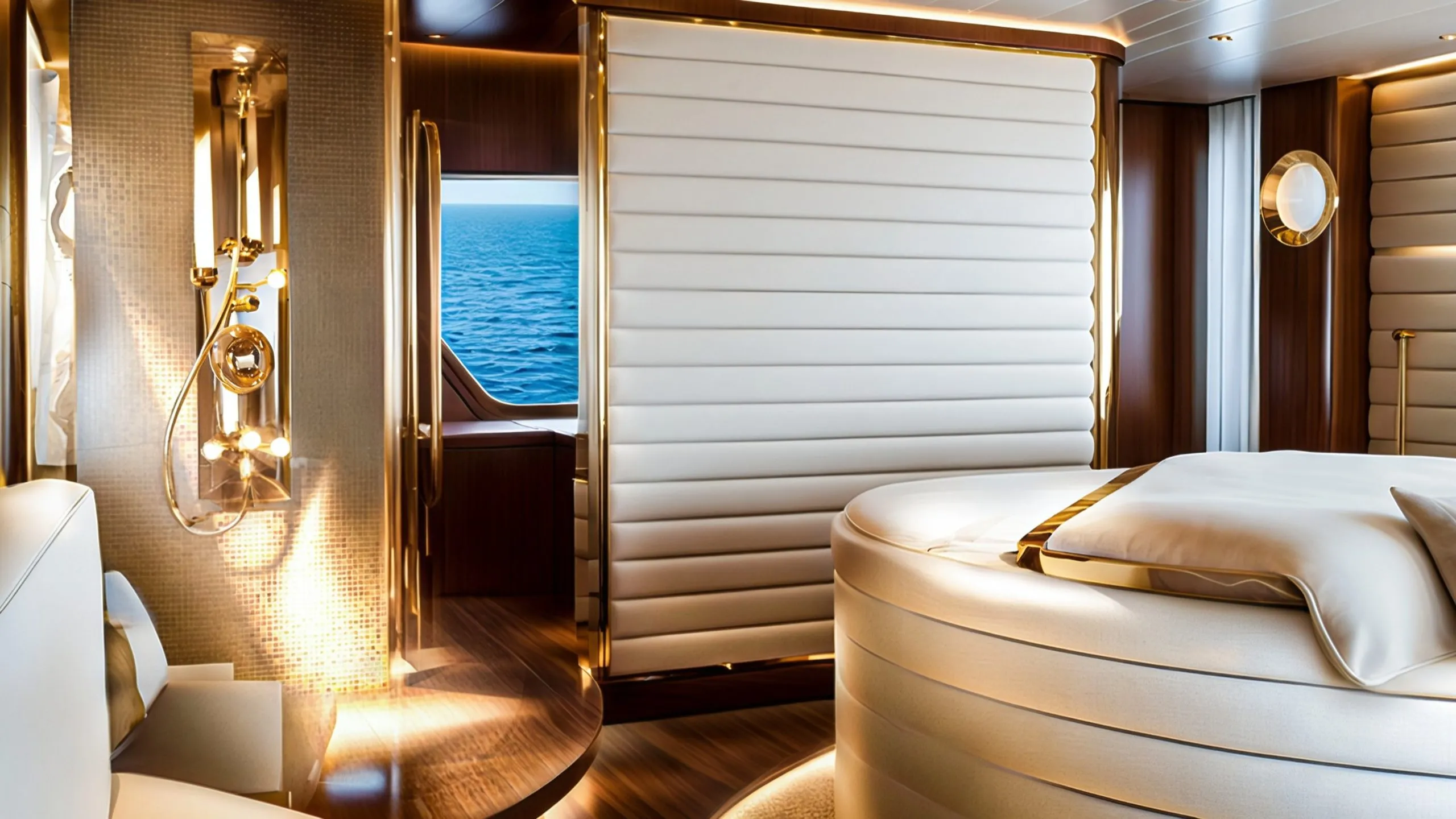 Luxury yacht master cabin with white upholstered bed, gold details, warm wood, and sea view in Dubai Queen yacht interior.