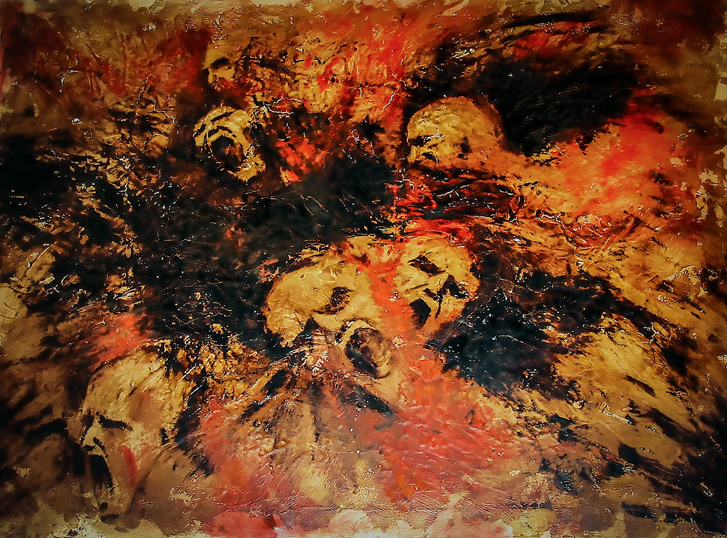 Full view of Echoes of the Damned by Nariman Fatemi, a dark mixed-media painting with emerging faces, intense red passages, and a distressed textured surface.