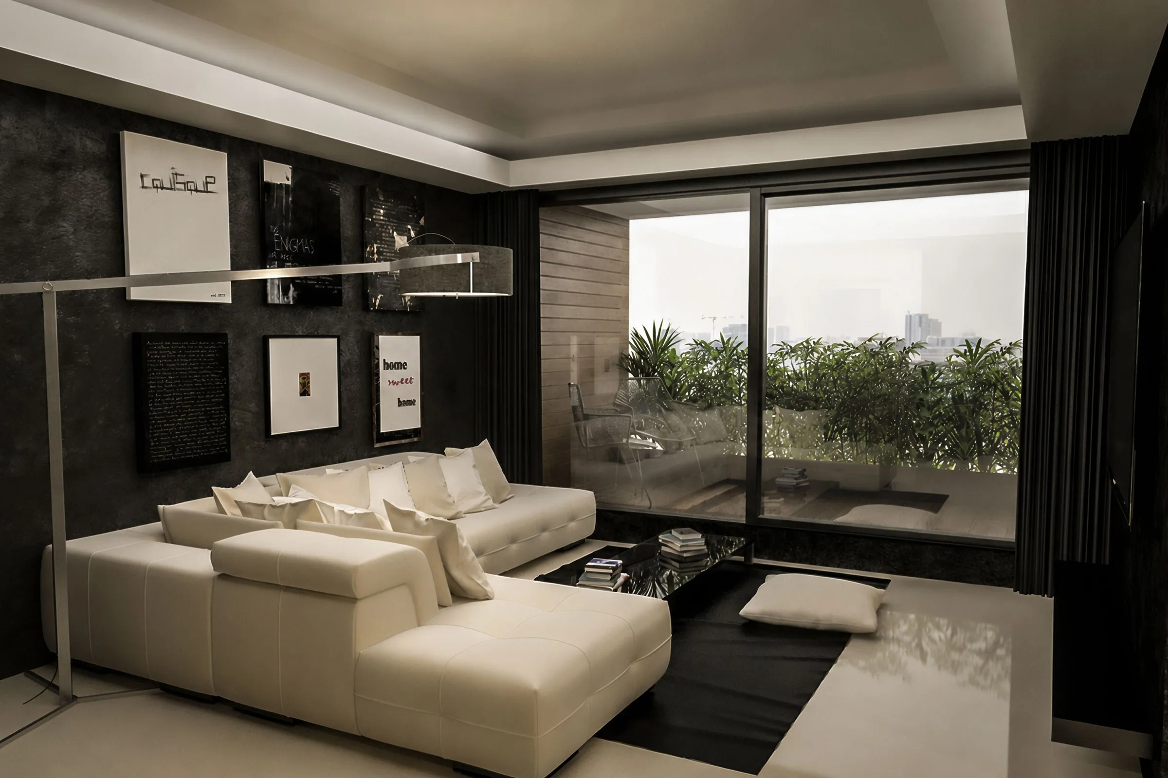 Modern Ferragamo Penthouse living room in Tehran with white seating, black stone surfaces, warm timber and wide city-facing windows.