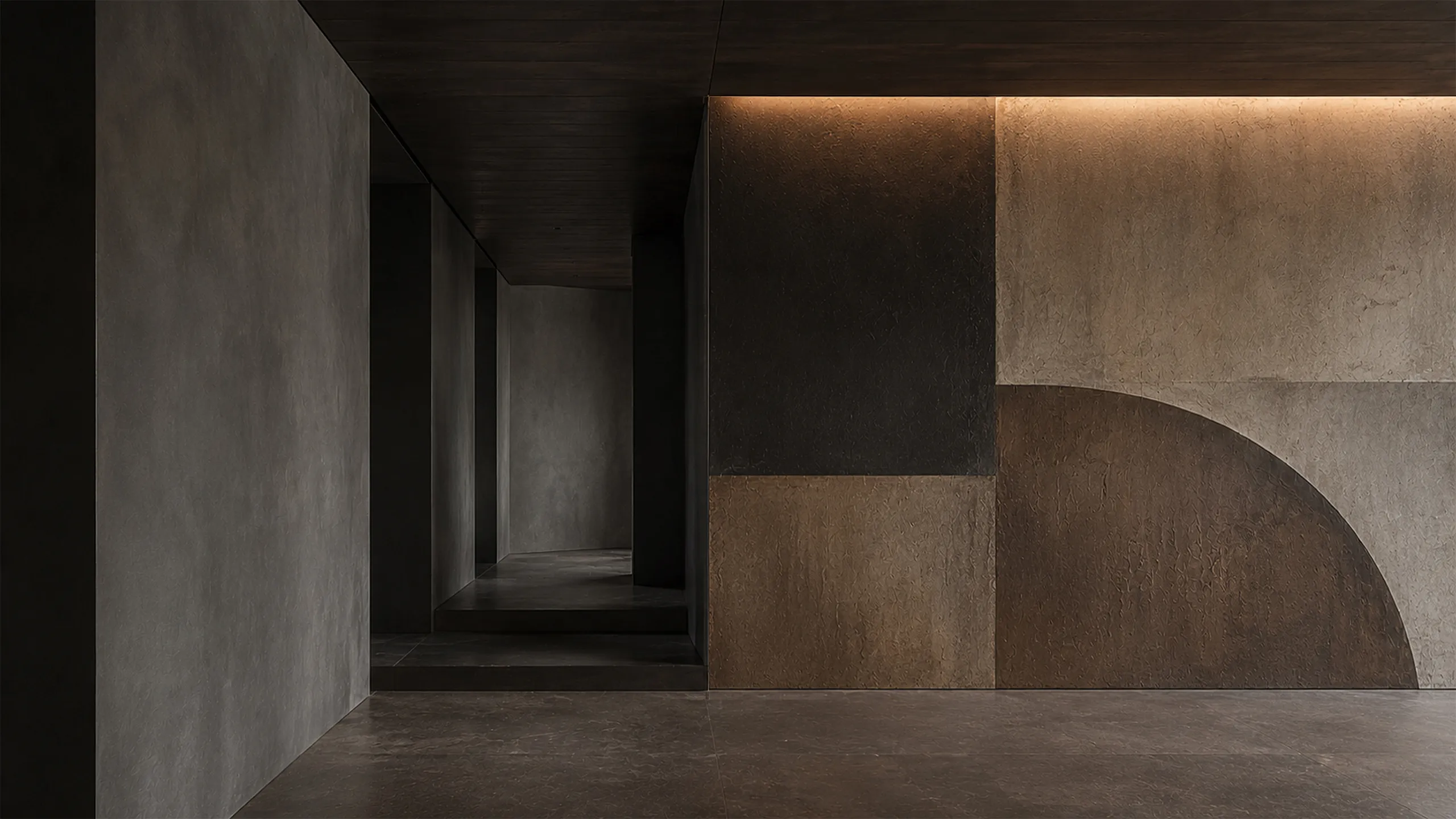 Dark architectural corridor beside a large textured geometric wall composition, where warm light, material and proportion translate painterly composition into space.
