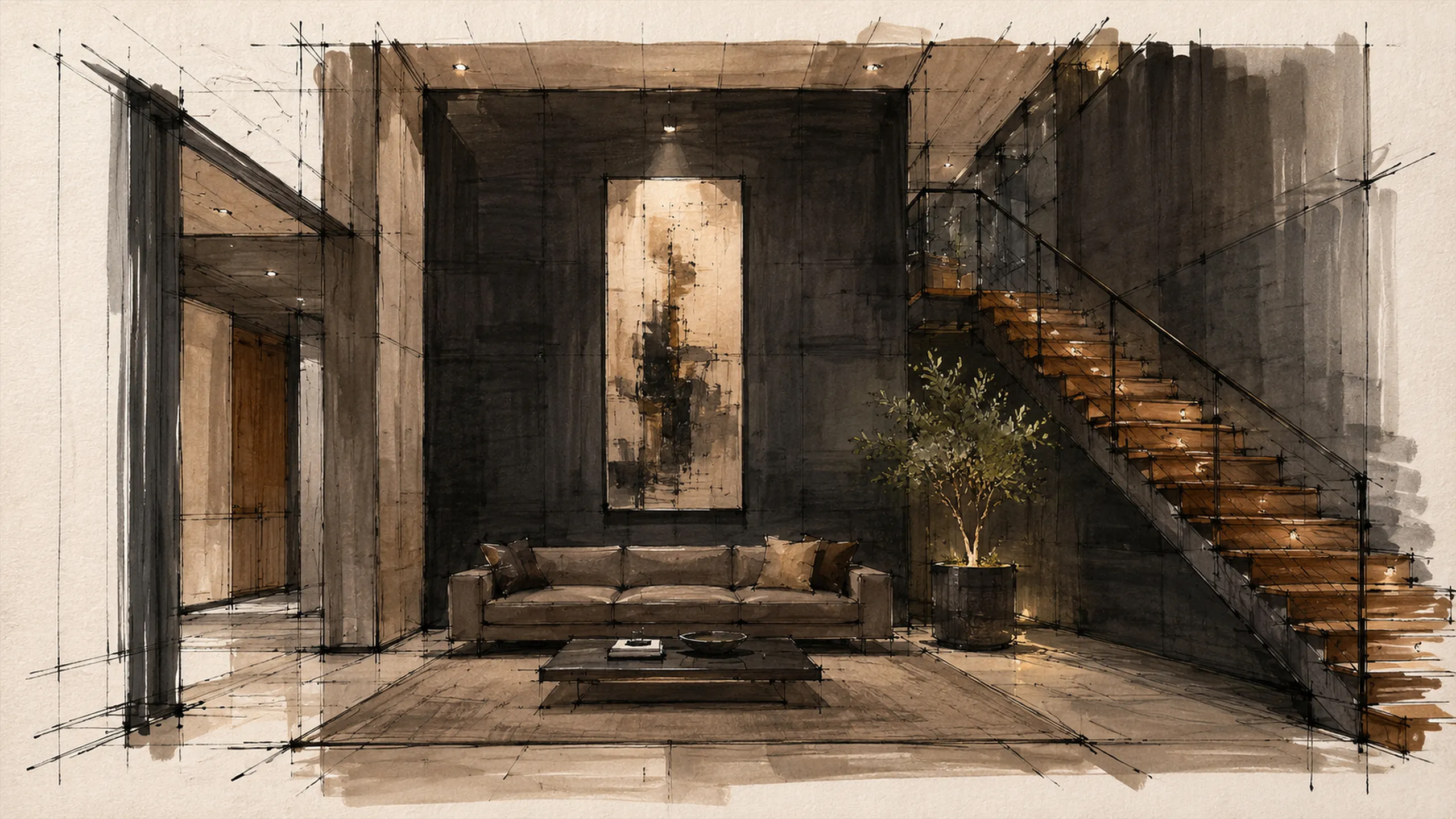 Watercolor and ink architectural interior sketch with a staircase, artwork, seating and a tree, showing painterly composition becoming a spatial experience.
