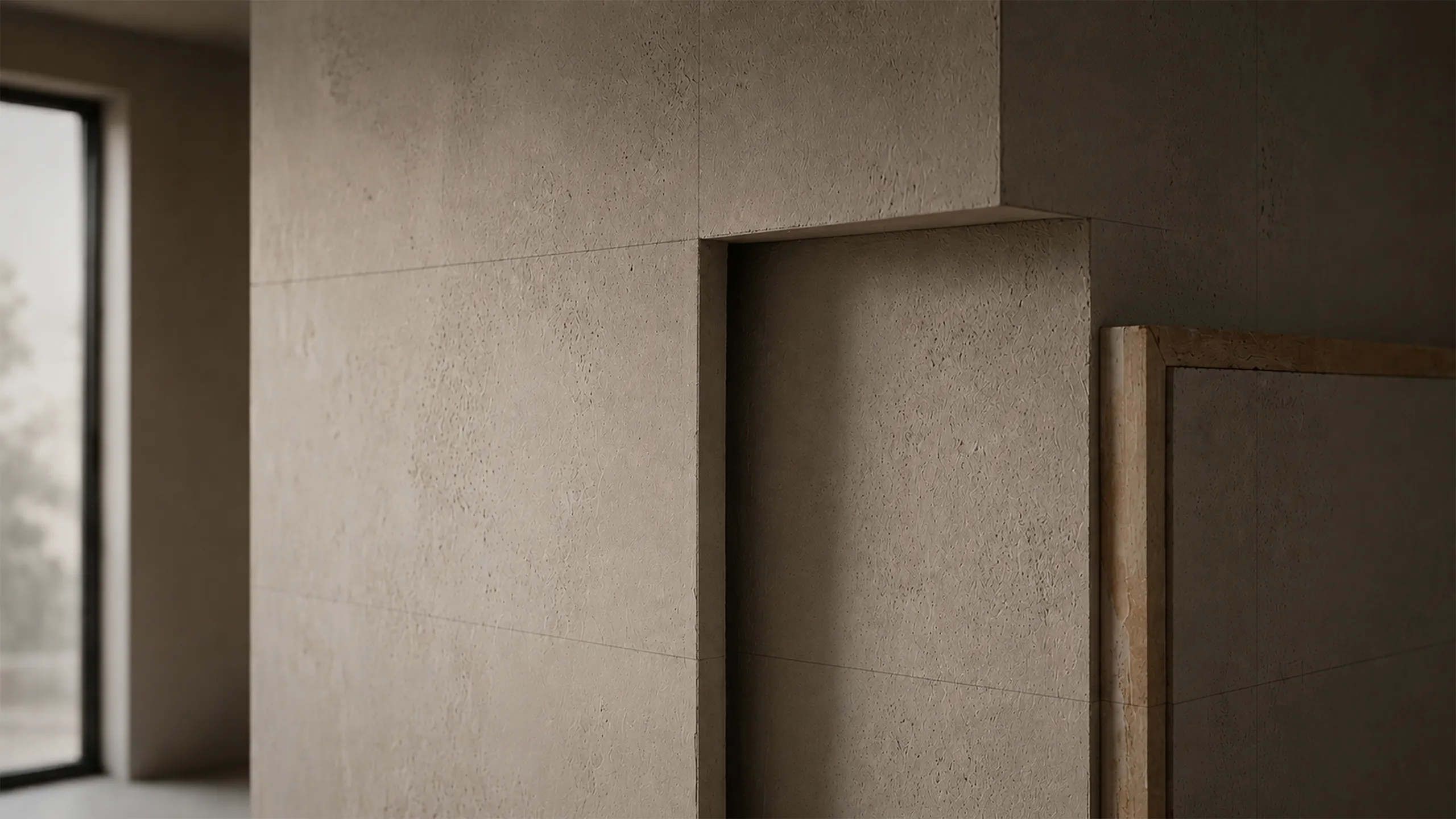 Minimal interior construction detail with aligned stone surfaces, a recessed opening and carefully resolved edges in warm natural light.