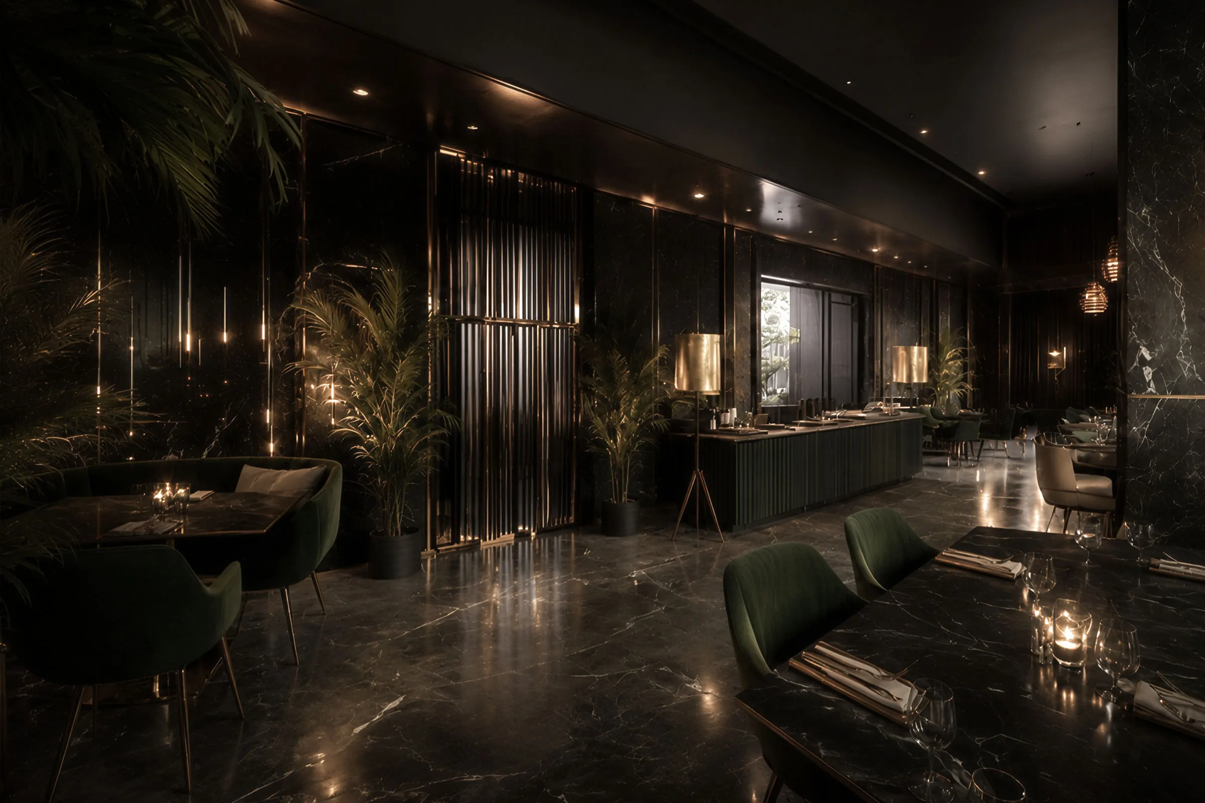 Dark green Gilan Persian restaurant interior in Dubai with curved seating, black reflective surfaces, warm lighting and dense planted details.