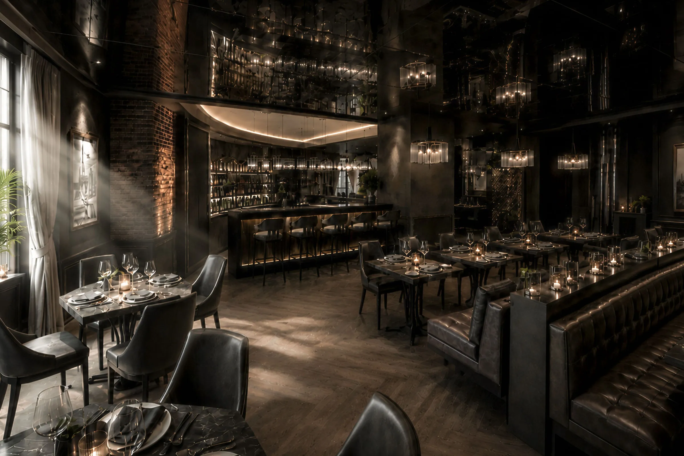 Dark Hard Rock restaurant interior in Dubai with leather seating, warm stone and timber finishes, mirrored walls and a dramatic illuminated bar.