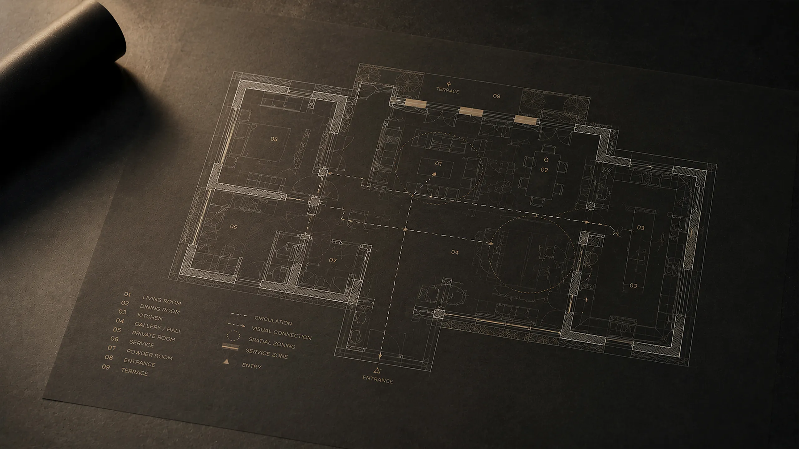 Conceptual interior floor plan on a dark surface, mapping circulation, visual connections, spatial zoning, service areas and relationships between rooms.