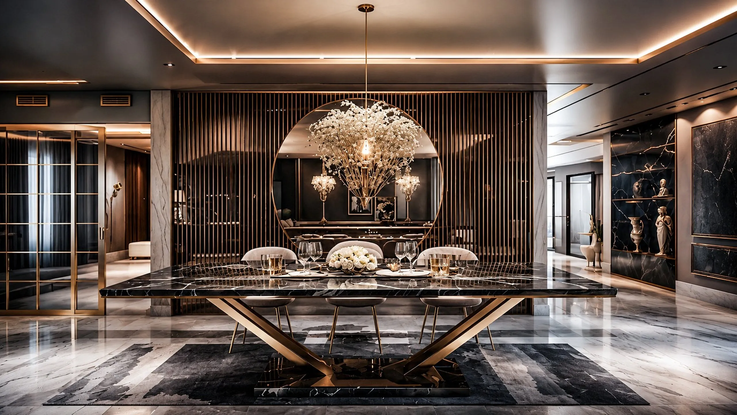 Formal dining room with a bronze partition and marble floor in the Jumeirah Private Residence, Dubai, by Nariman Fatemi.