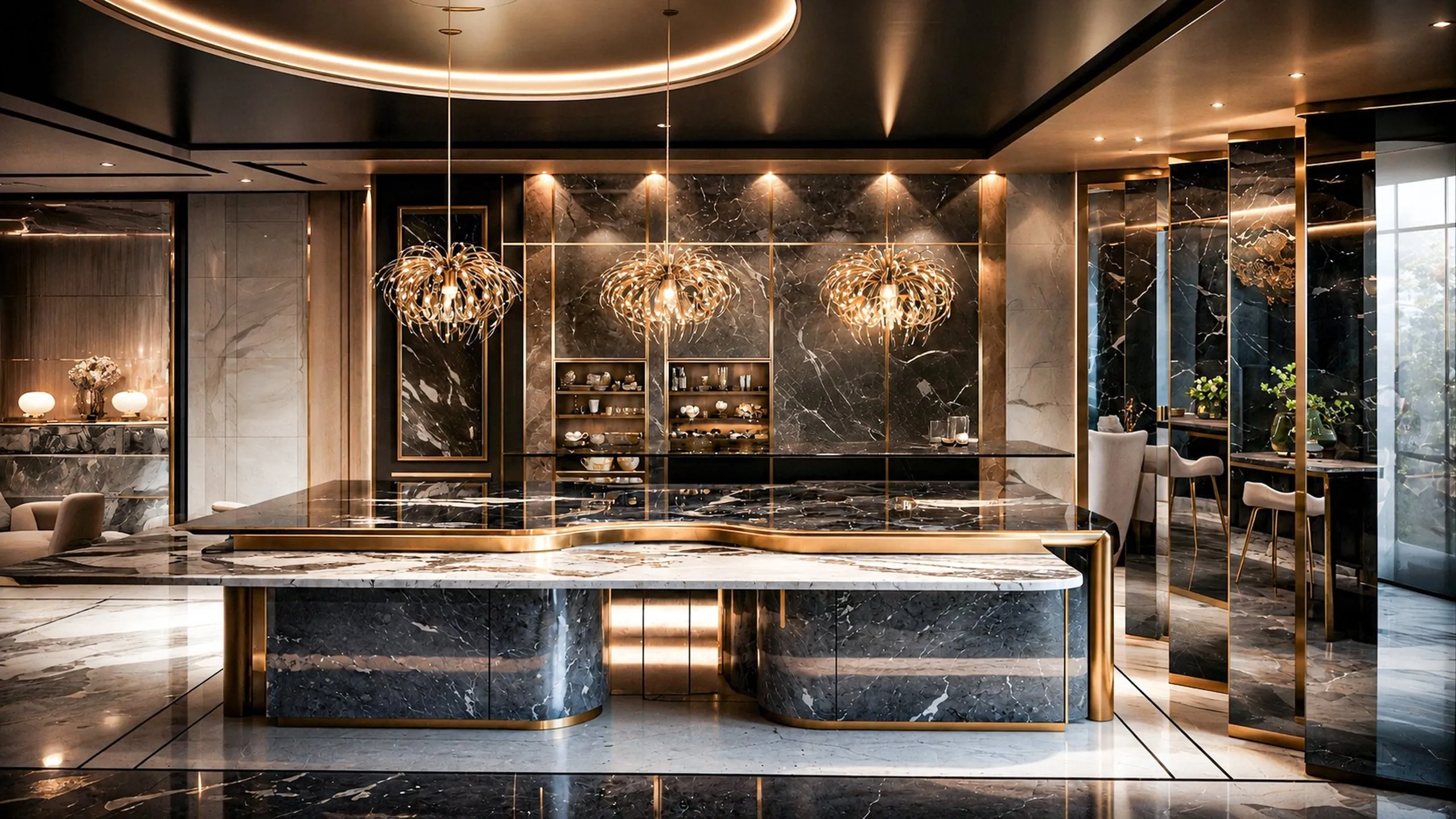 Luxury kitchen with black marble island, pendant lights, and contemporary villa interior design in Jumeirah Dubai.