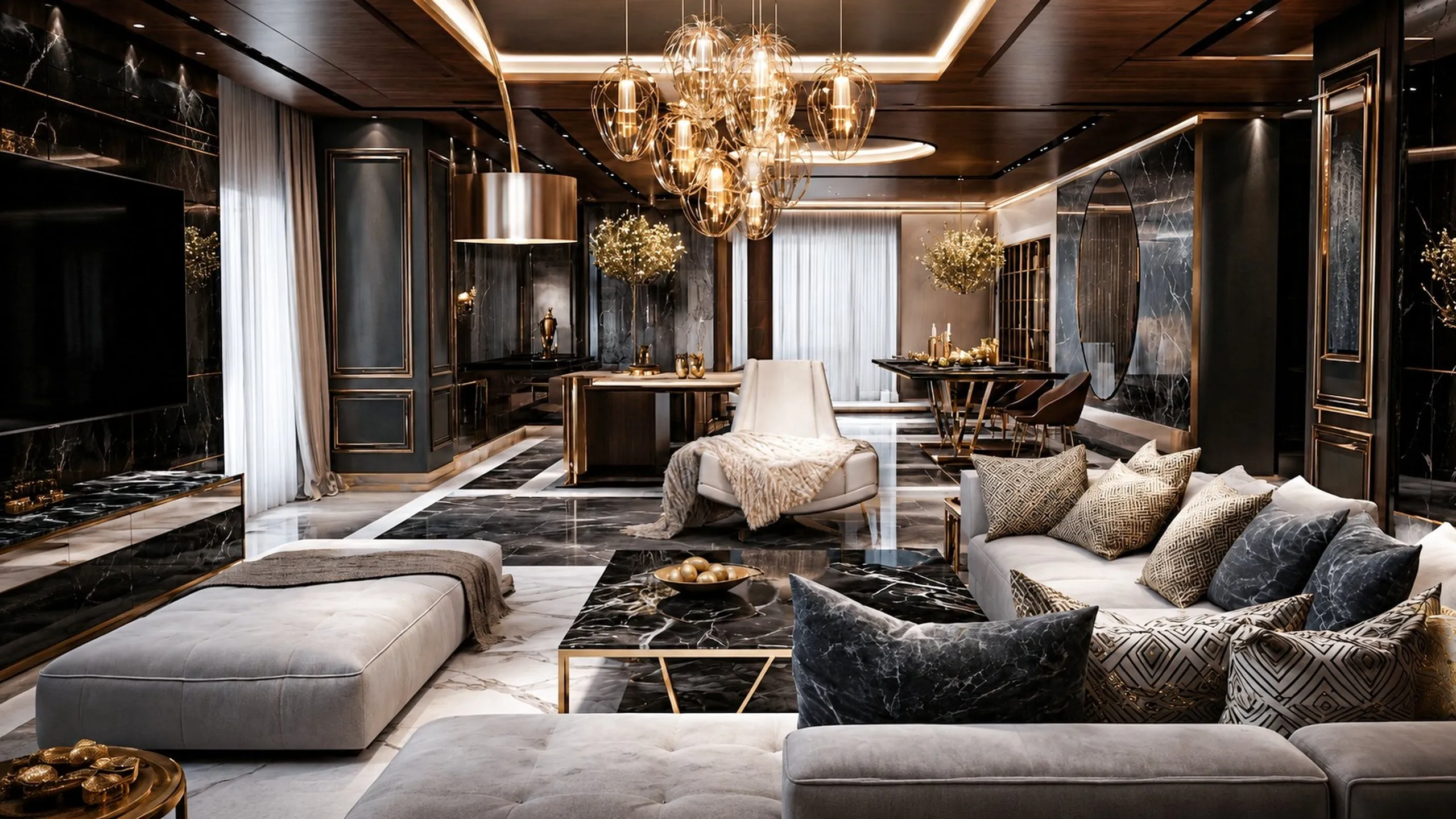 Luxury living room with a black marble floor and a multi-globe chandelier in the Jumeirah Private Residence, Dubai, by Nariman Fatemi.