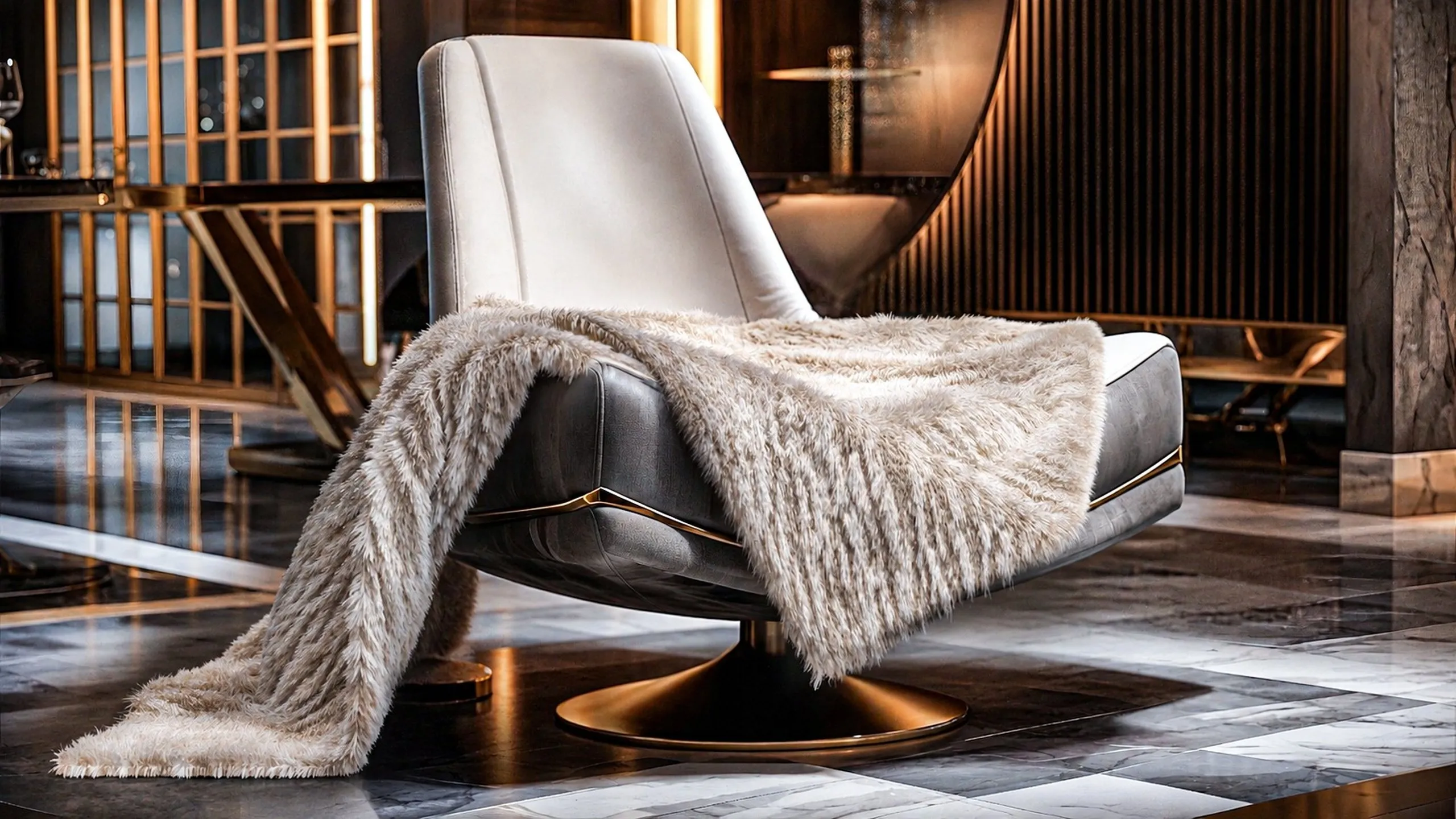 Detail of an armchair with a faux-fur throw in a luxury villa interior in Jumeirah, Dubai, by Nariman Fatemi.