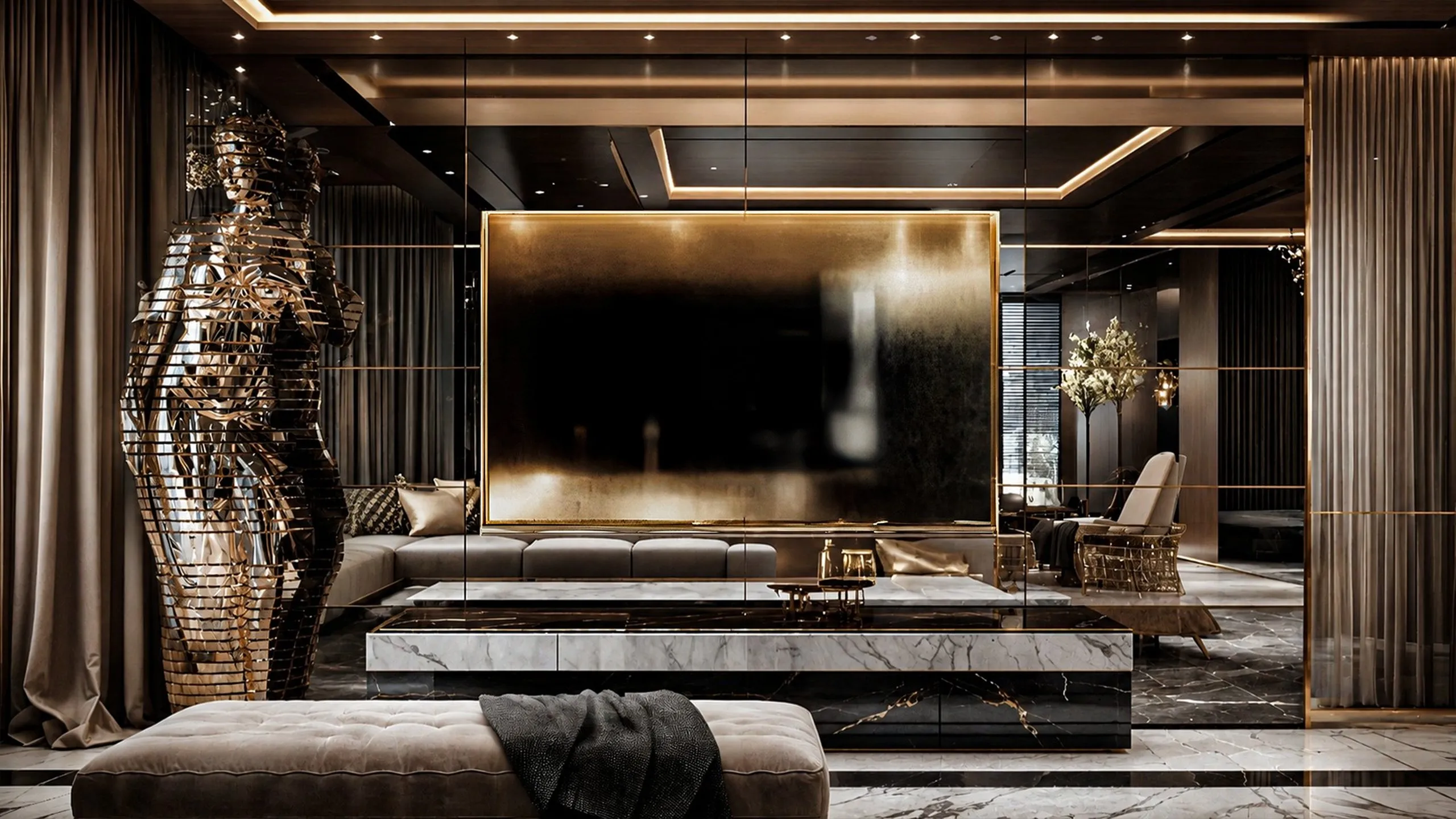TV lounge with a black marble feature wall in the Jumeirah Private Residence, Dubai, by Nariman Fatemi.