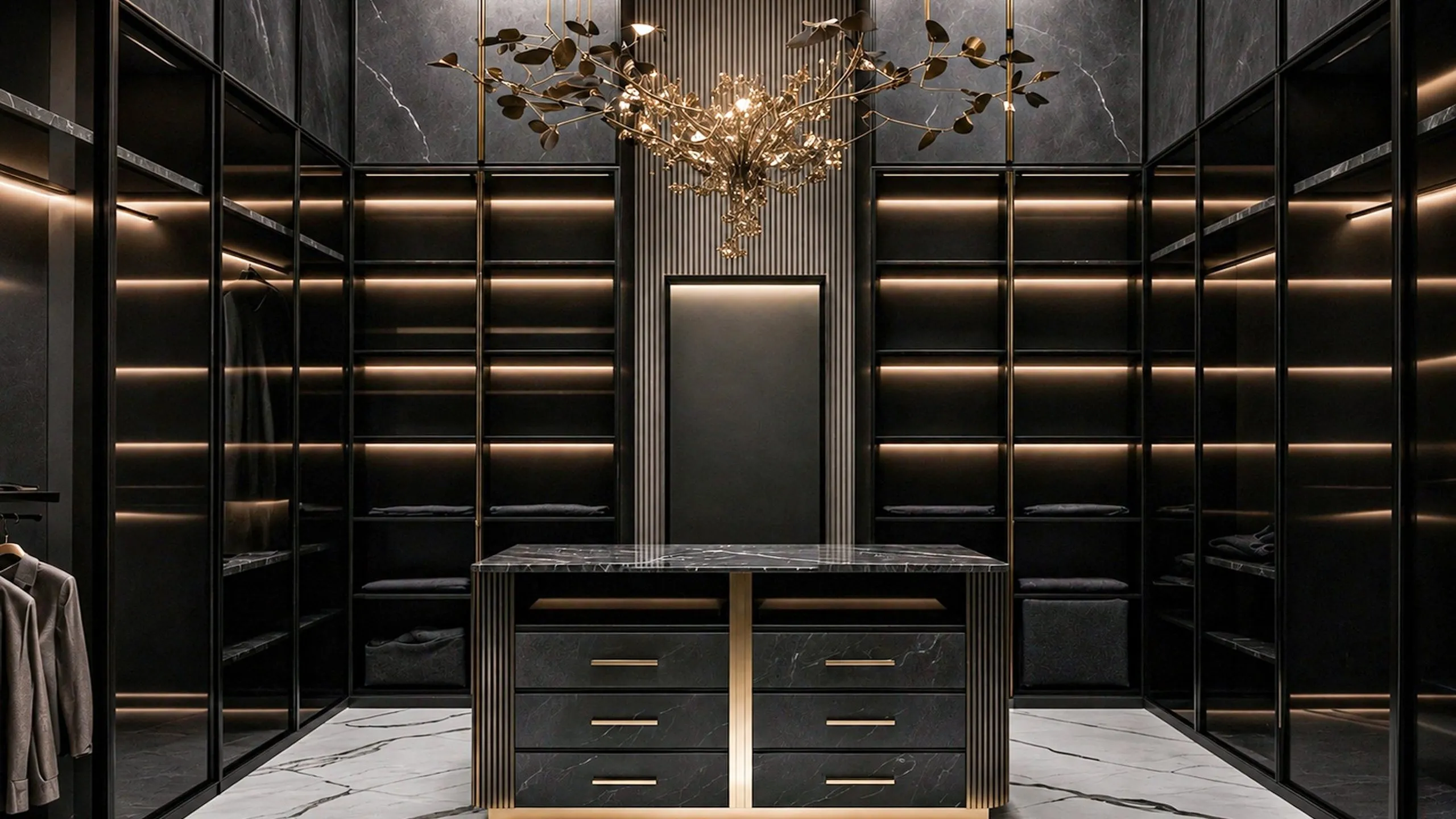 Walk-in closet with dark wood and a marble island in the Jumeirah Private Residence, Dubai, by Nariman Fatemi.