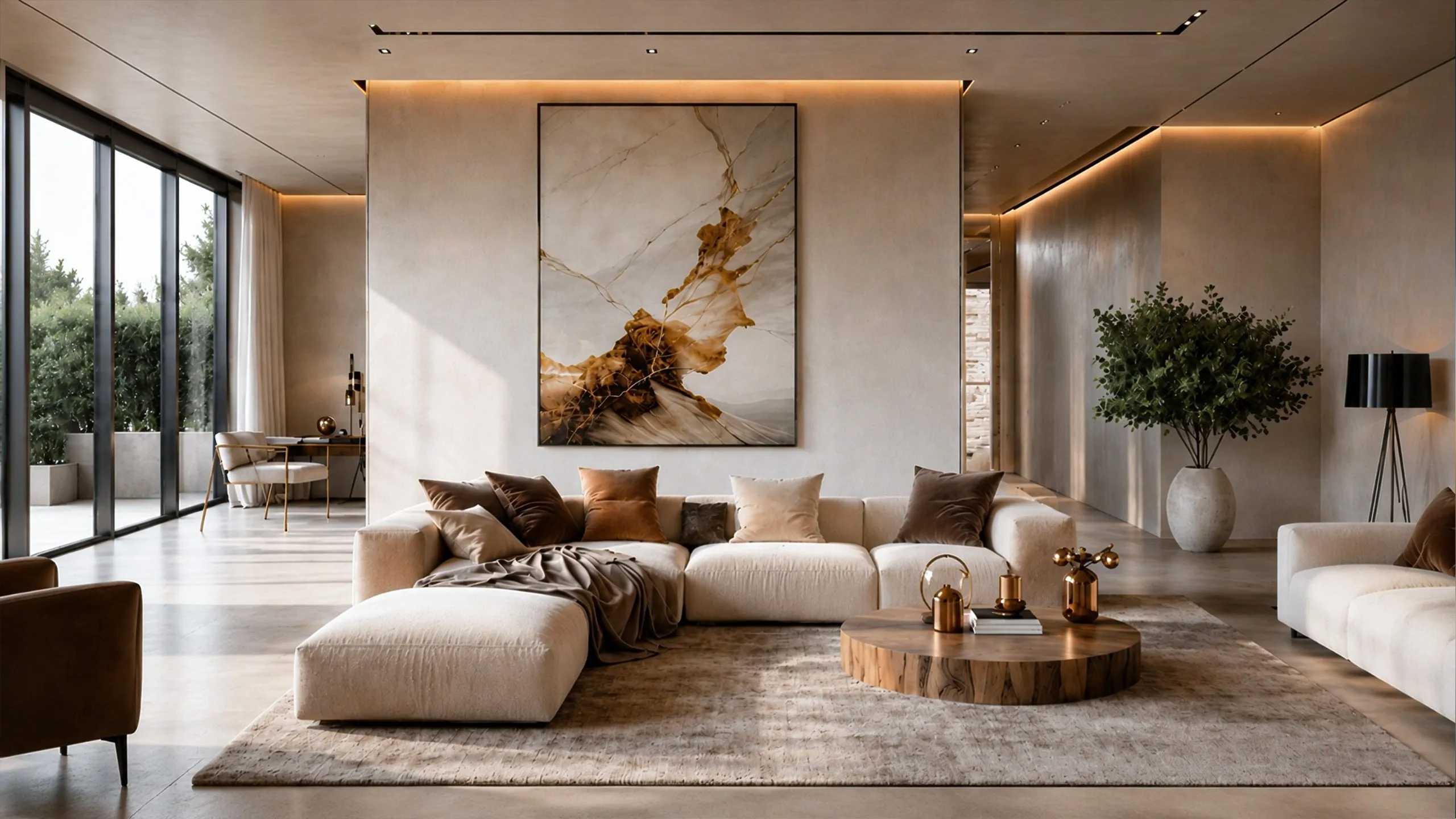 Contemporary luxury living room in Lavasan Cliff Villa with warm natural light, neutral materials, and refined interior design by Nariman Fatemi.
