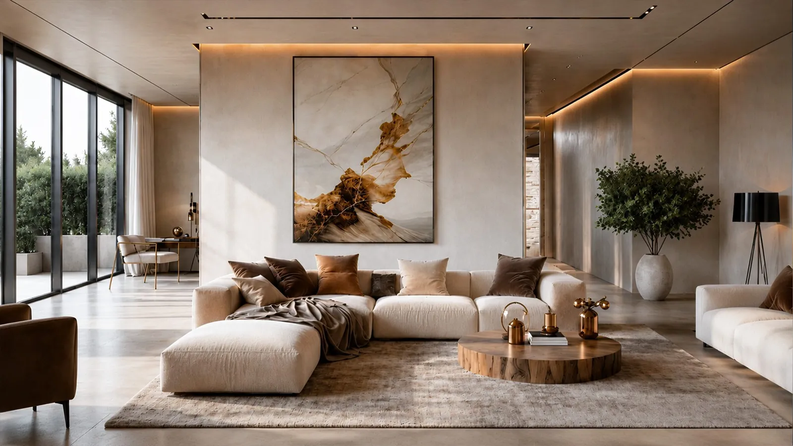 Contemporary luxury living room in Lavasan Cliff Villa with warm natural light, neutral materials, and refined interior design by Nariman Fatemi.