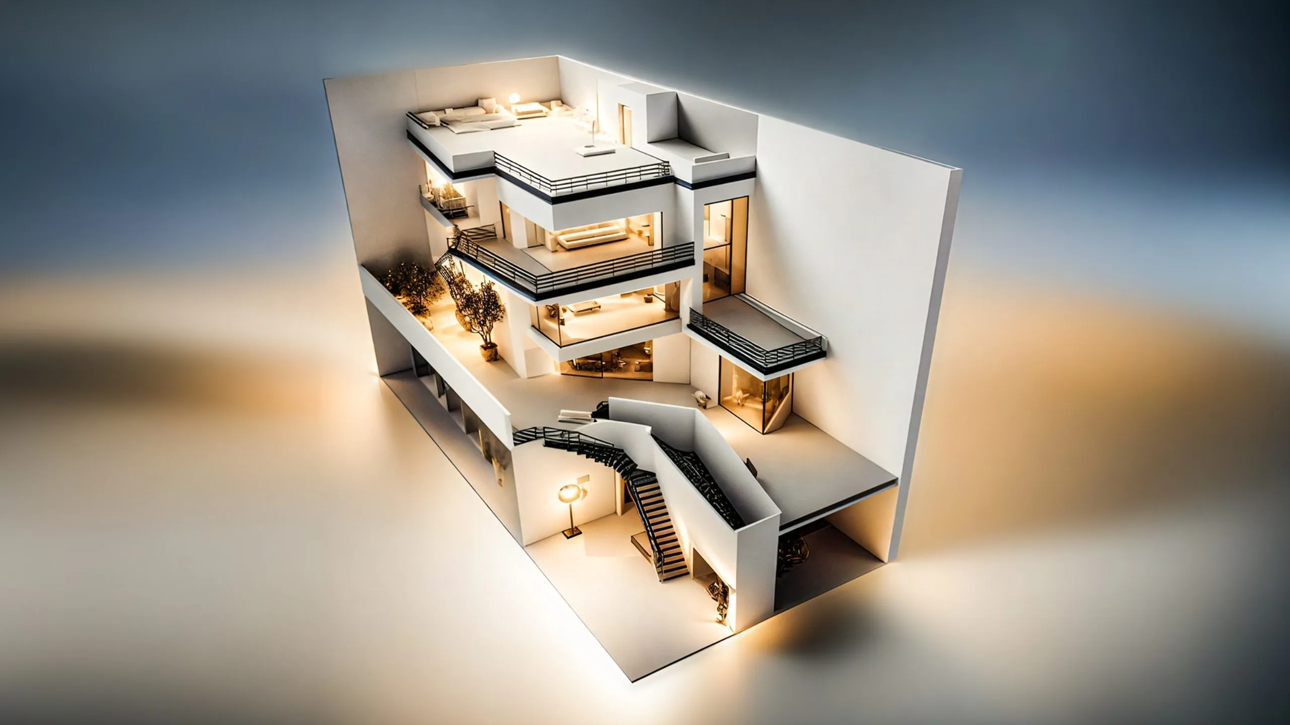 Architectural section model of Lavasan Cliff Villa, a five-level cliffside luxury villa in Iran designed by Nariman Fatemi.