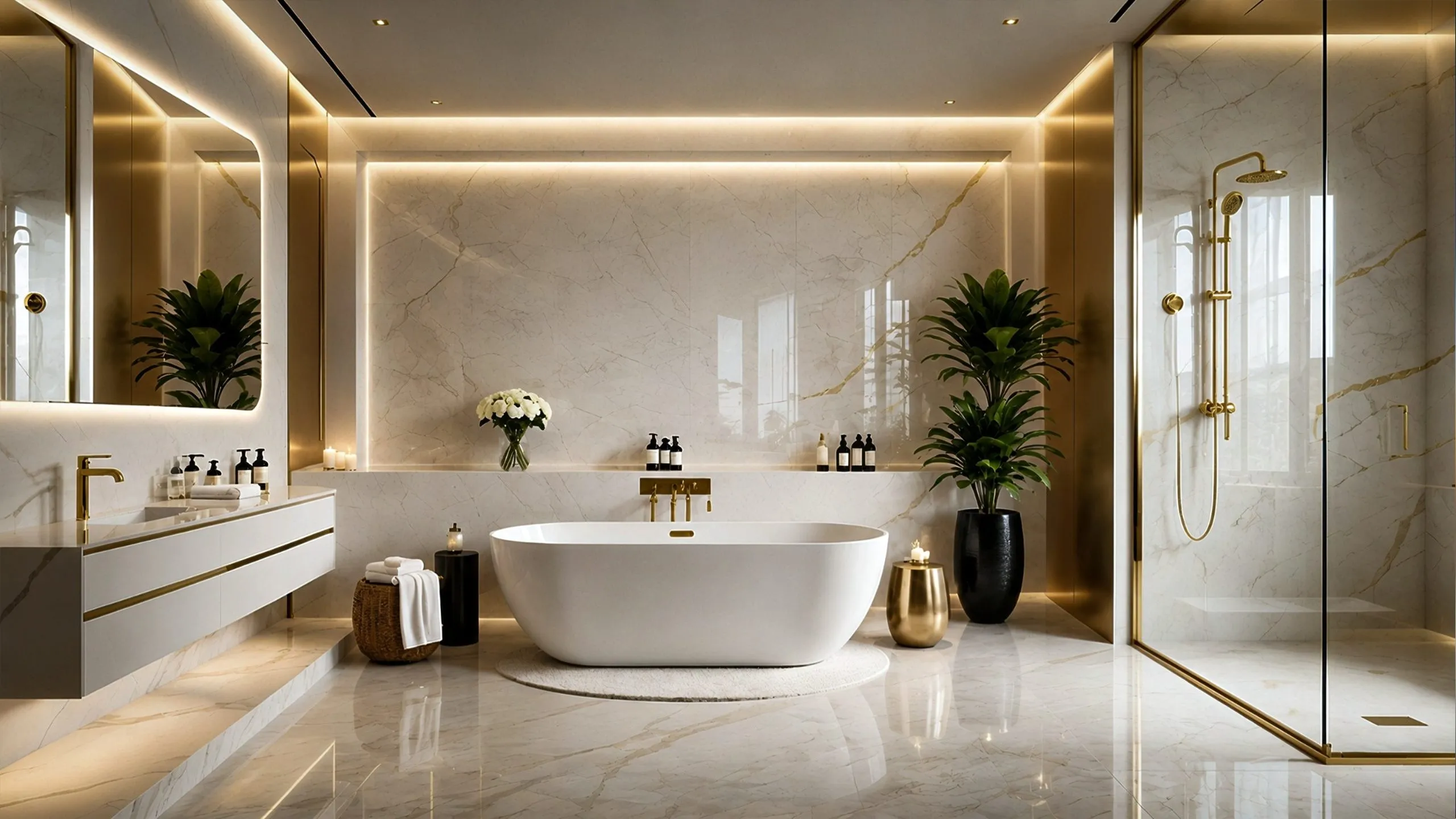 Luxury bathroom in Lavasan Cliff Villa with marble walls, gold fixtures, freestanding bathtub, and warm architectural lighting.