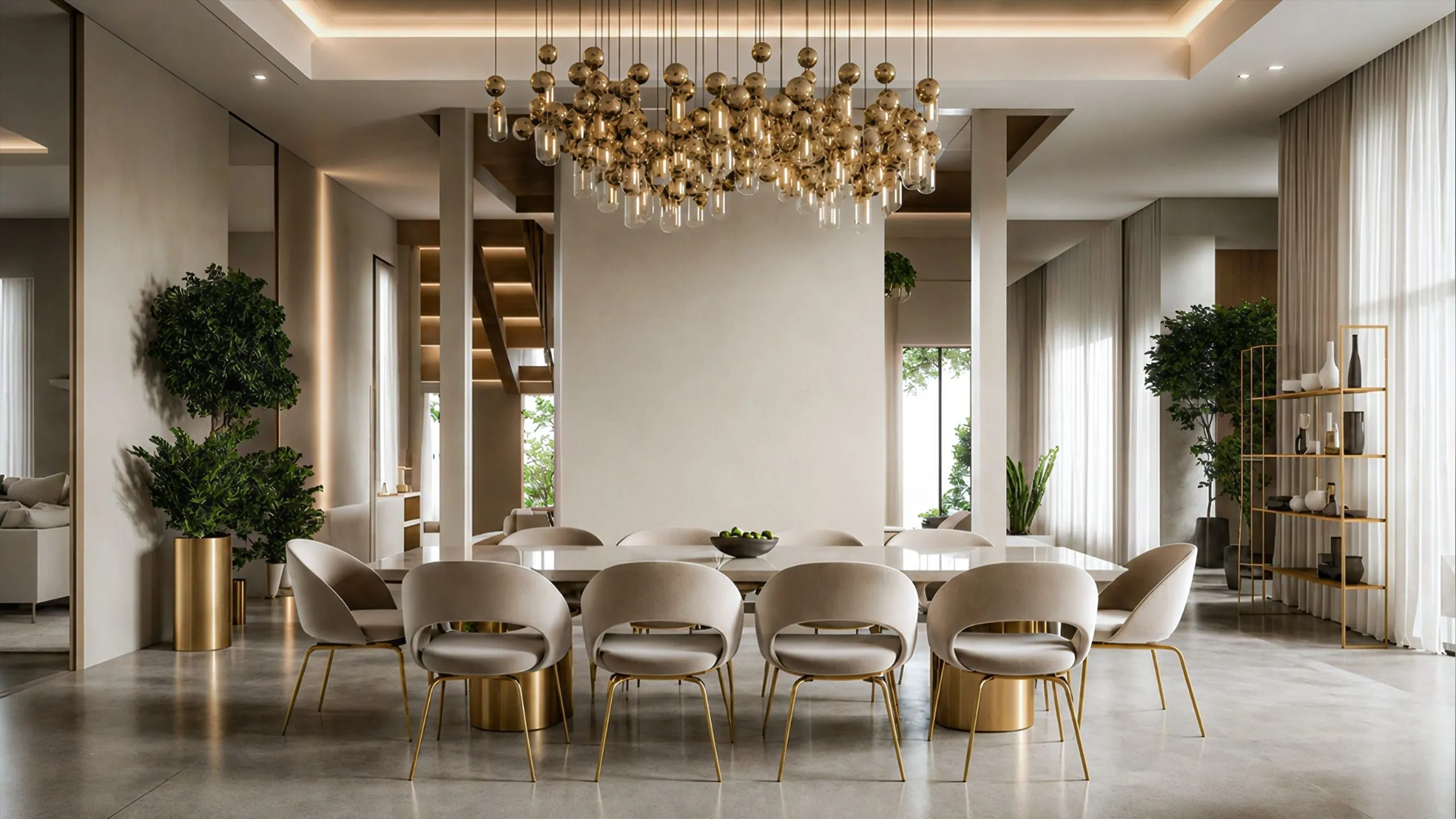 Luxury dining room with a gold-detailed chandelier in the Lavasan Cliff Villa, Iran, by Nariman Fatemi.