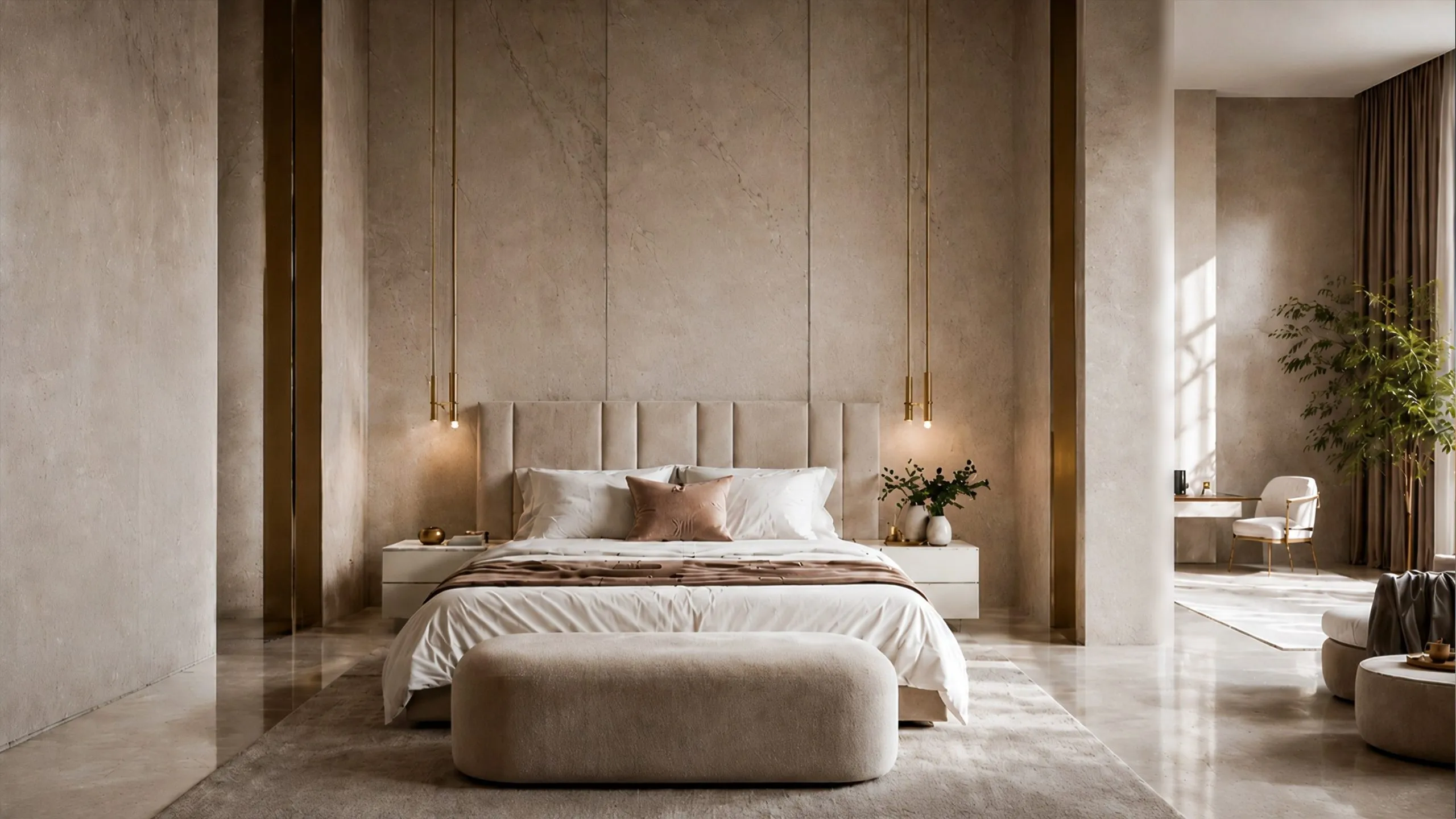 Master bedroom in Lavasan Cliff Villa with warm stone surfaces, soft neutral tones, and contemporary luxury villa interior design.