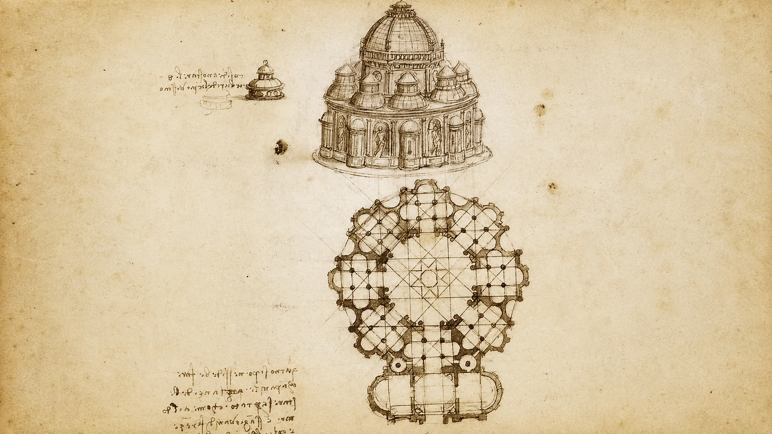 Sepia-toned reproduction of architectural studies associated with Leonardo da Vinci, including a domed centralized building and a geometric plan on aged paper.
