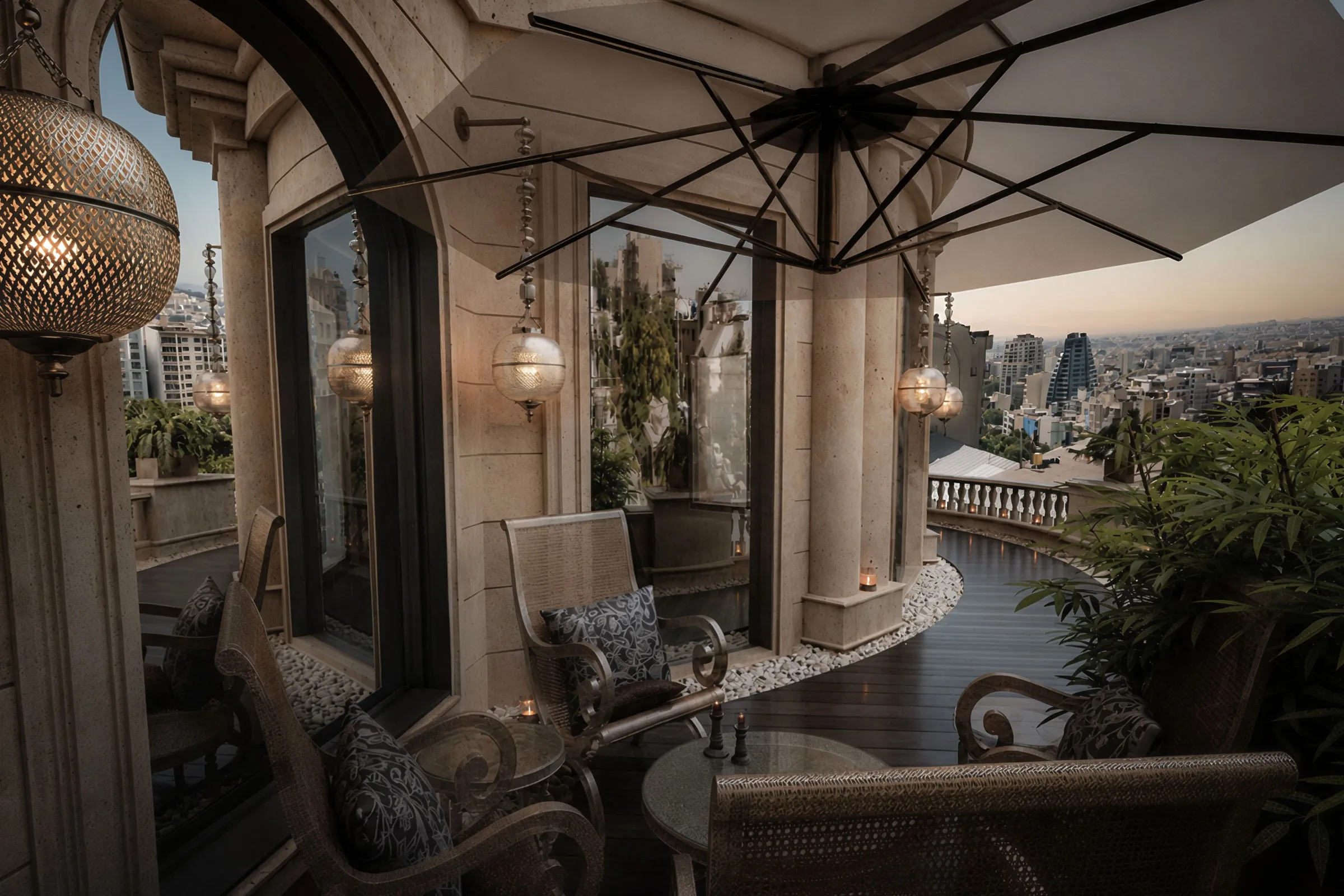 Classical northern Tehran penthouse balcony with arched openings, outdoor seating, planting and an elevated city view.