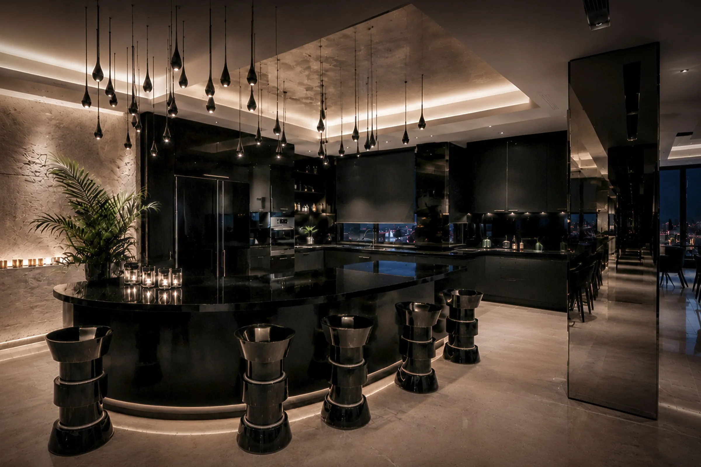 Dark luxury penthouse dining and bar area in northern Tehran with warm stone, reflective surfaces and a panoramic city view.