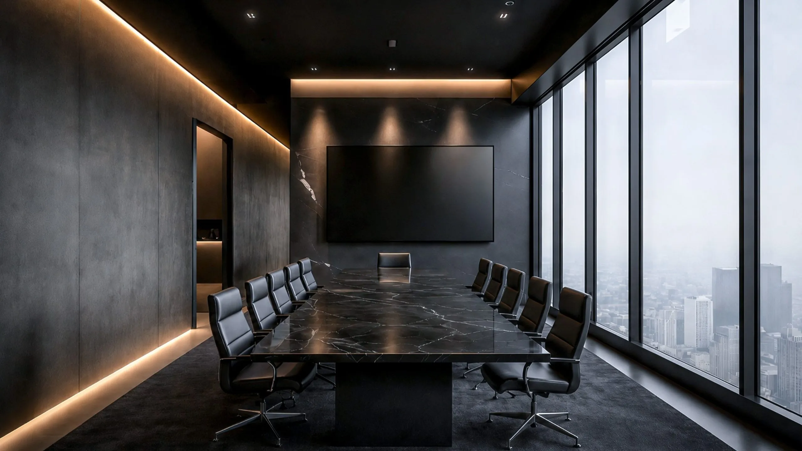 Boardroom with black marble conference table, dark corporate interior, city views, and warm lighting for Petro Pipeline Industries in Qatar.