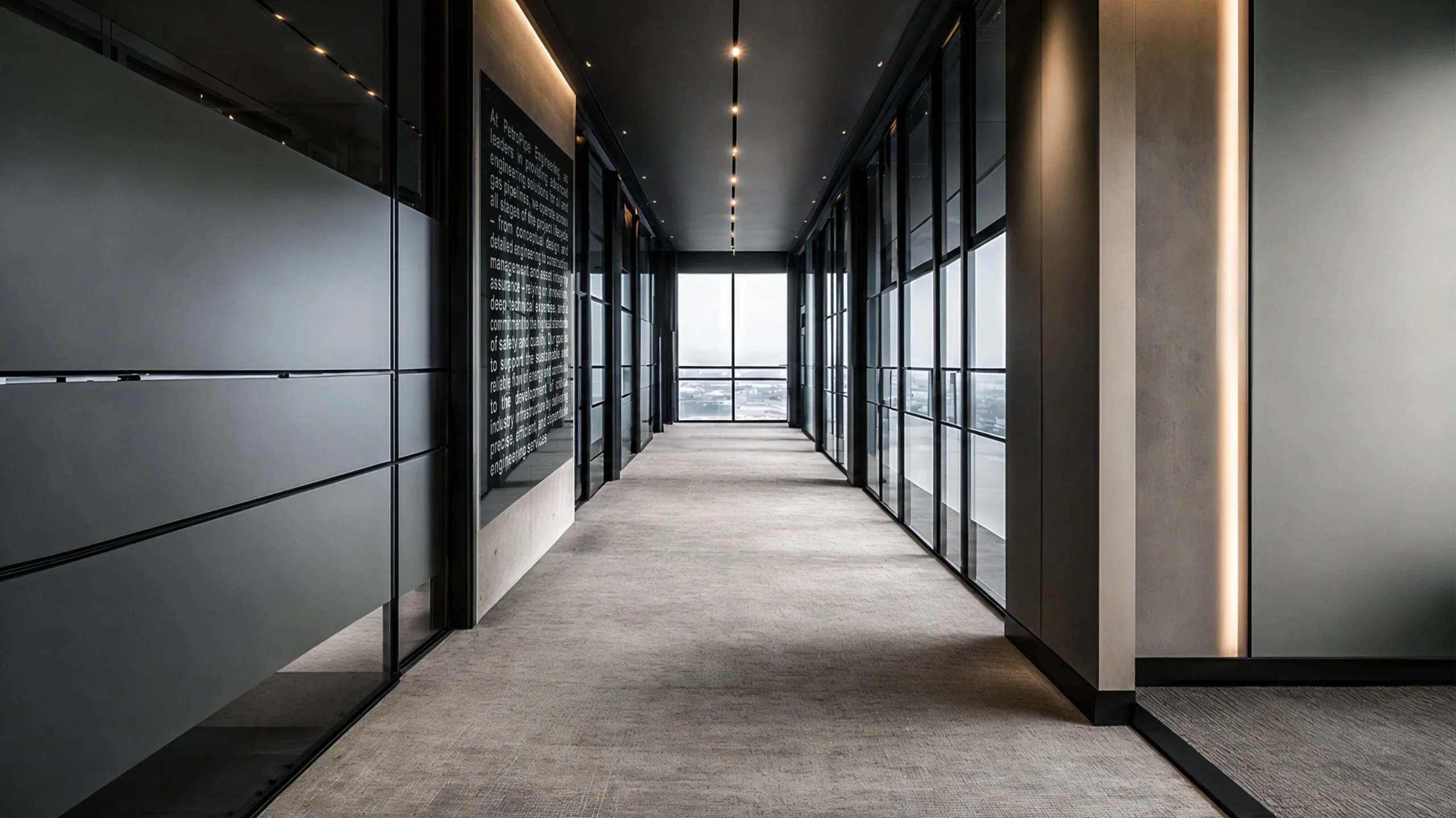 Corporate corridor with glass partitions and feature lighting for Petro Pipeline Industries in Doha, Qatar, by Nariman Fatemi.