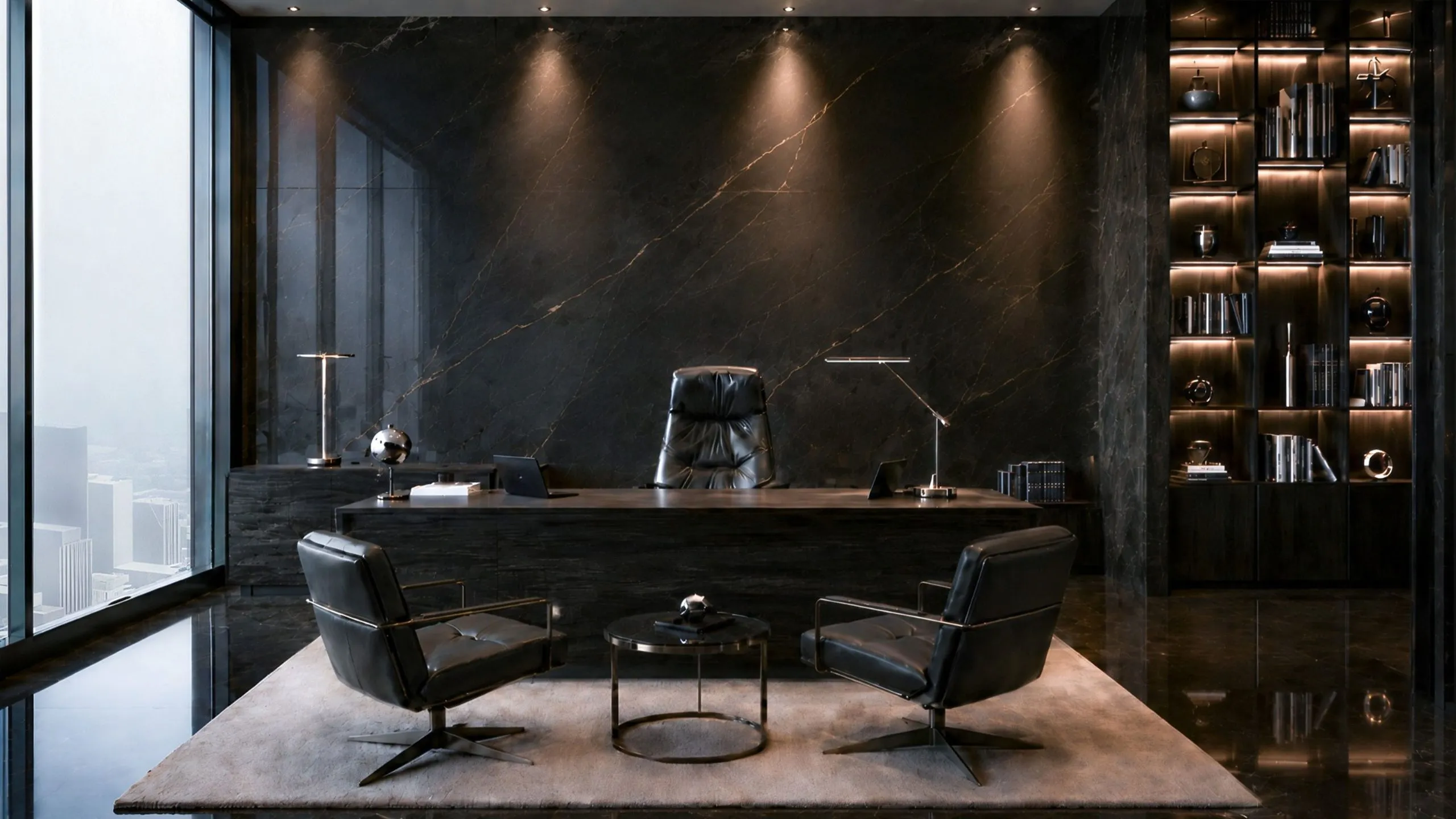 Executive office with black marble wall, dark wood desk, leather seating, and library shelving in a Qatar oil and gas company office.