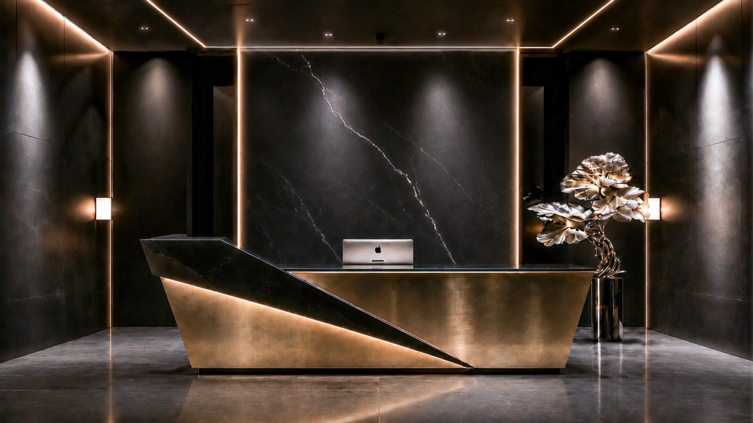 Executive reception area with black marble walls, brass reception desk, and warm lighting in a corporate office interior in Doha, Qatar by Nariman Fatemi.