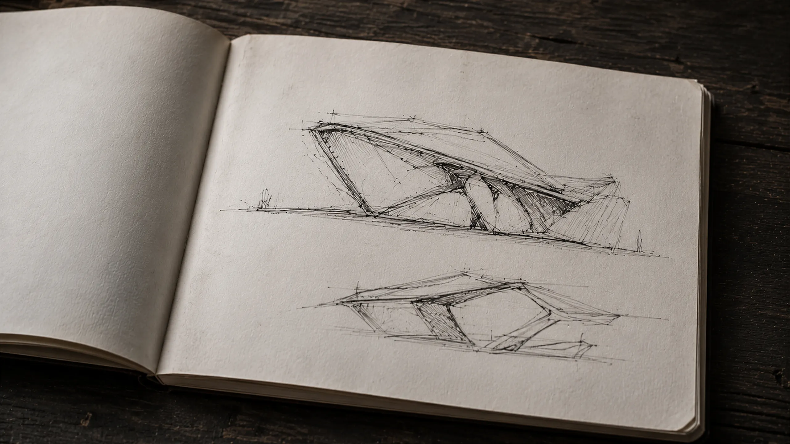 Open sketchbook on a dark wooden table with two exploratory architectural drawings, representing the act of recording an idea so it can later develop.