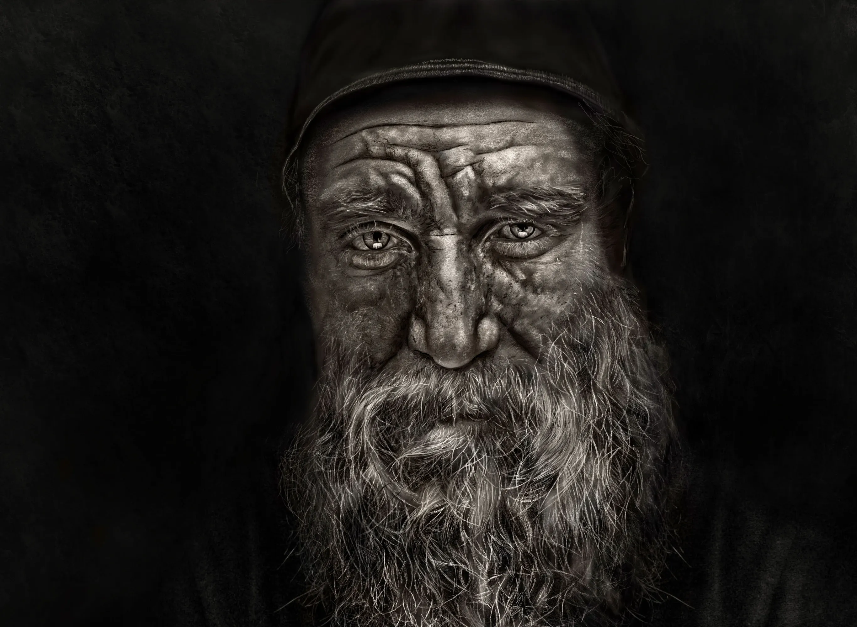 Expressive portrait of an elderly bearded man in Sorrow, a digital painting by Nariman Fatemi exploring grief, dignity and the passage of time.