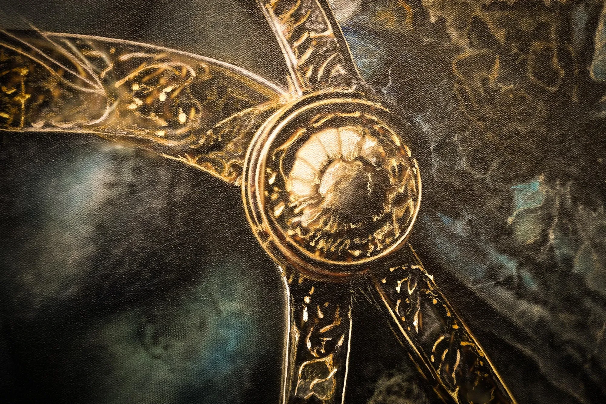 Detail view of the gold ornament, bridle, and painted surface in Standing Pride by Nariman Fatemi.