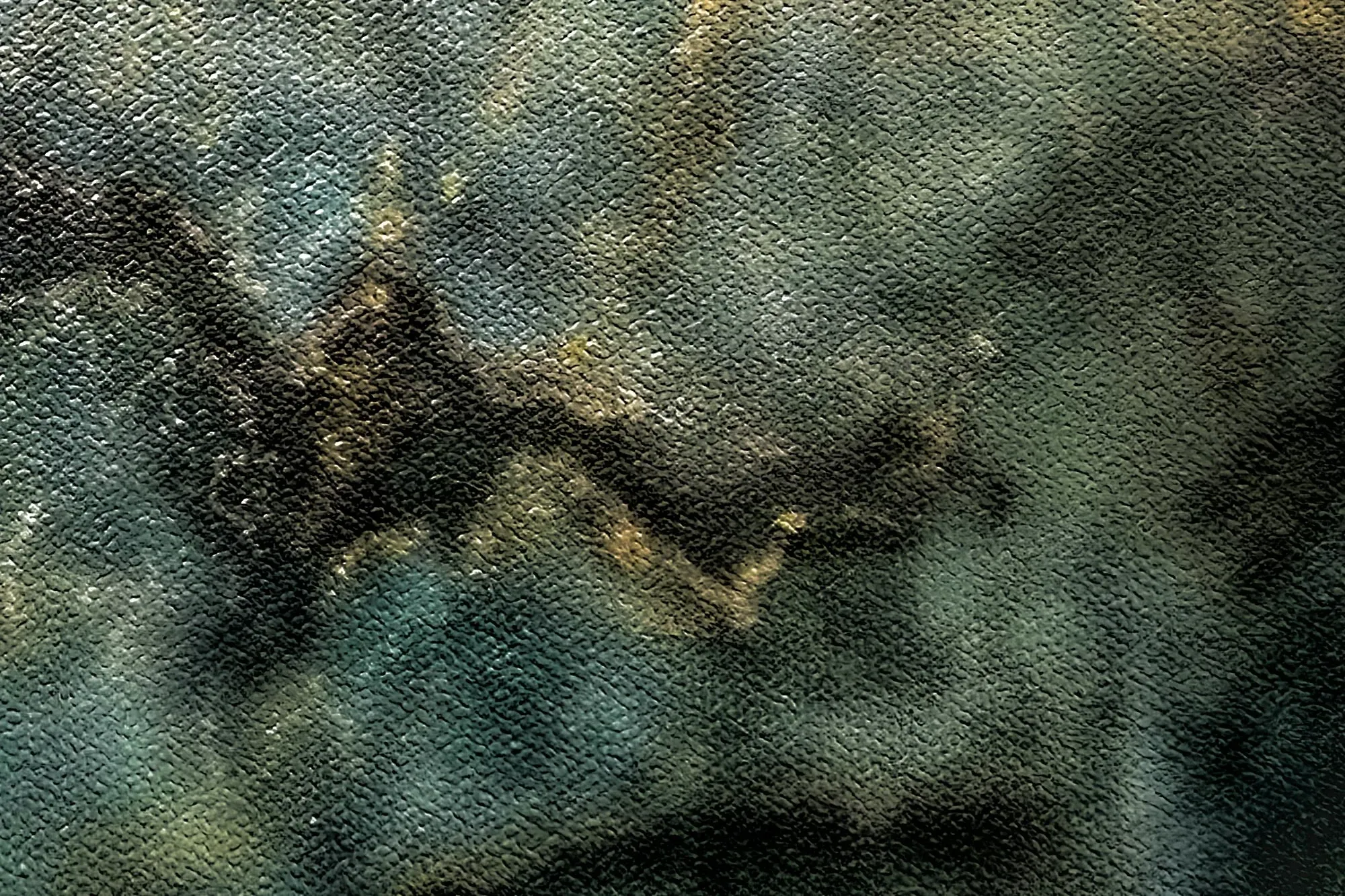 Detail view of the aged green-grey patina and canvas texture in Standing Pride by Nariman Fatemi.